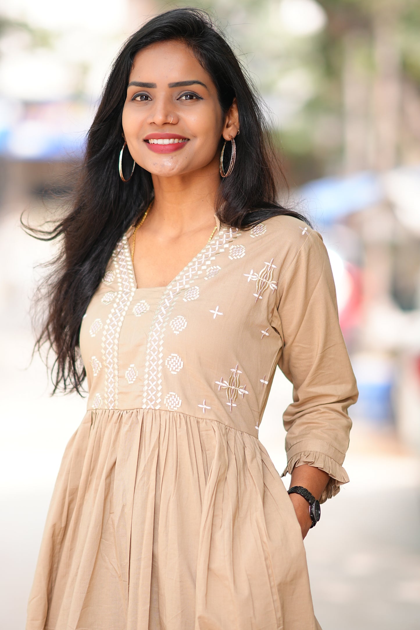 Jaipur Cotton Beige Colour Frock With Embroidery Work