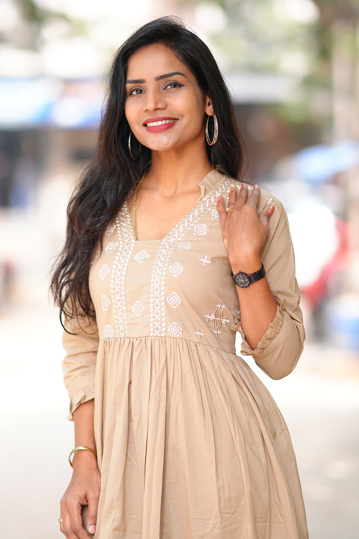 Jaipur Cotton Beige Colour Frock With Embroidery Work