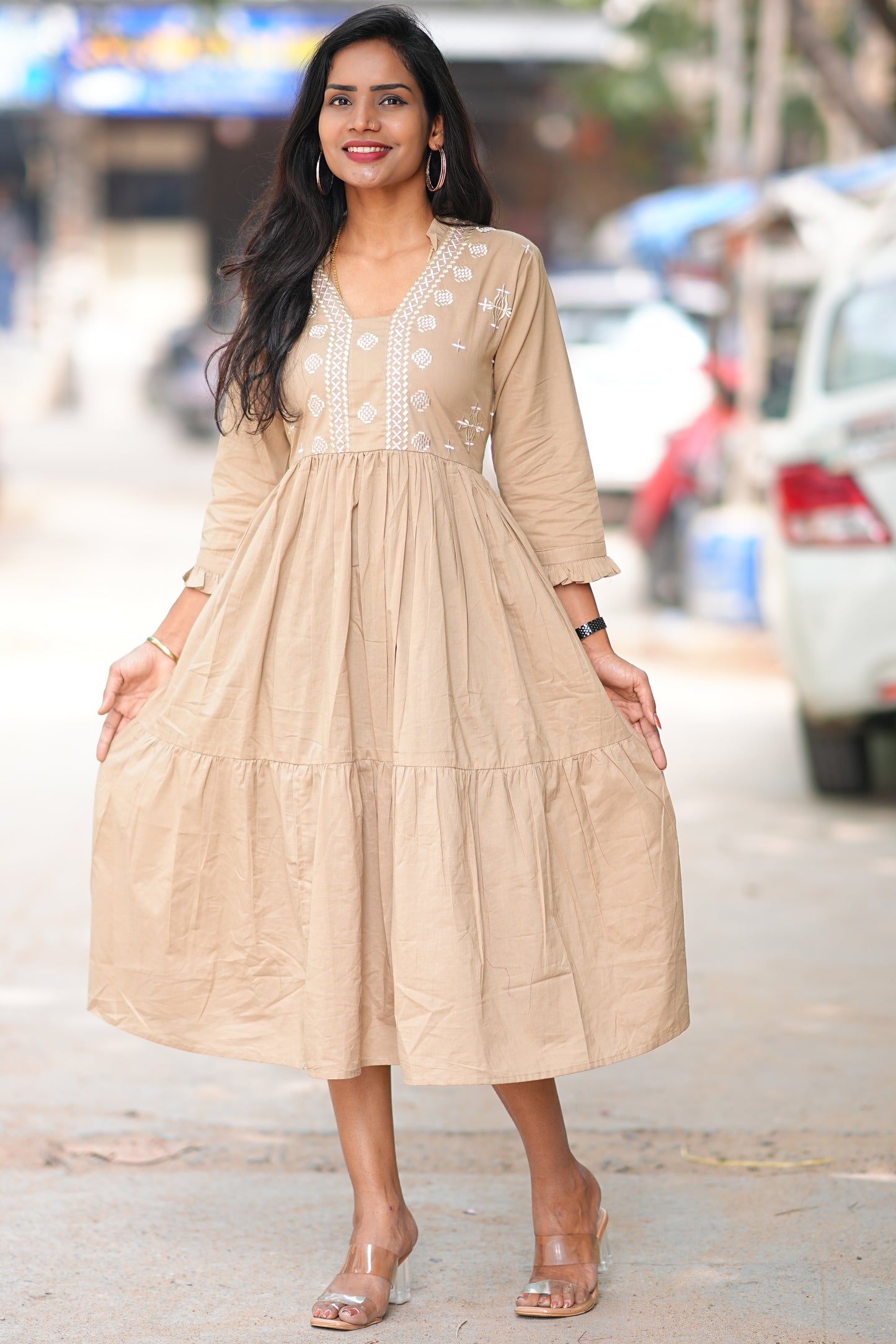 Jaipur Cotton Beige Colour Frock With Embroidery Work