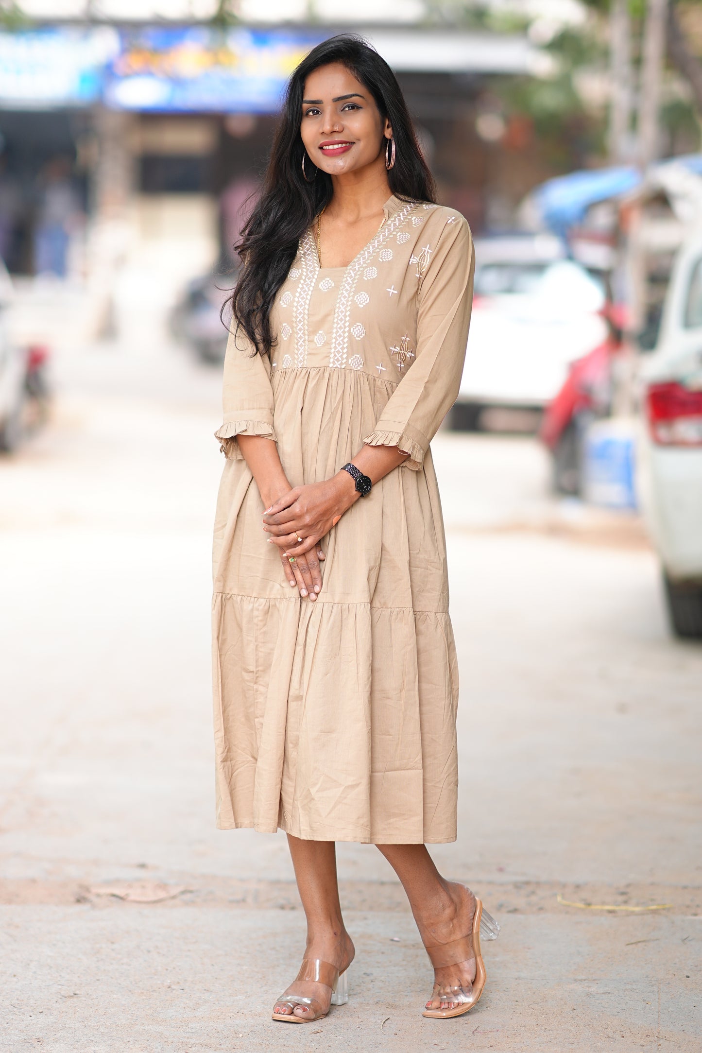 Jaipur Cotton Beige Colour Frock With Embroidery Work