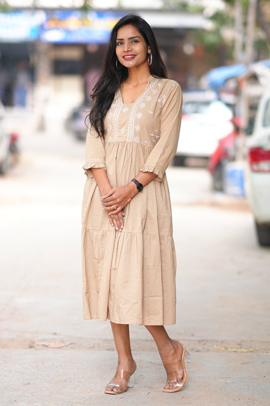 Jaipur Cotton Beige Colour Frock With Embroidery Work