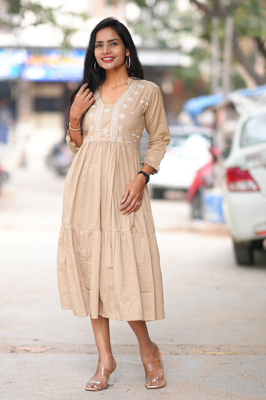 Jaipur Cotton Beige Colour Frock With Embroidery Work