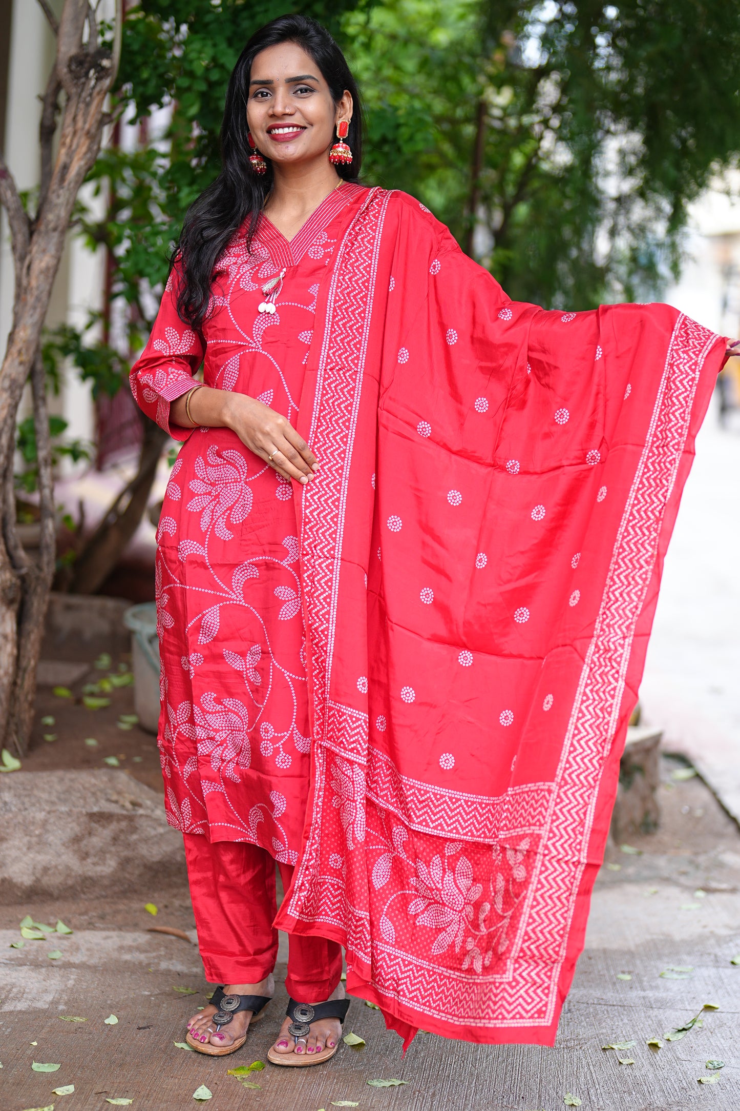 Red Viscose Chinon Silk 3 Piece Set With Complete Lining