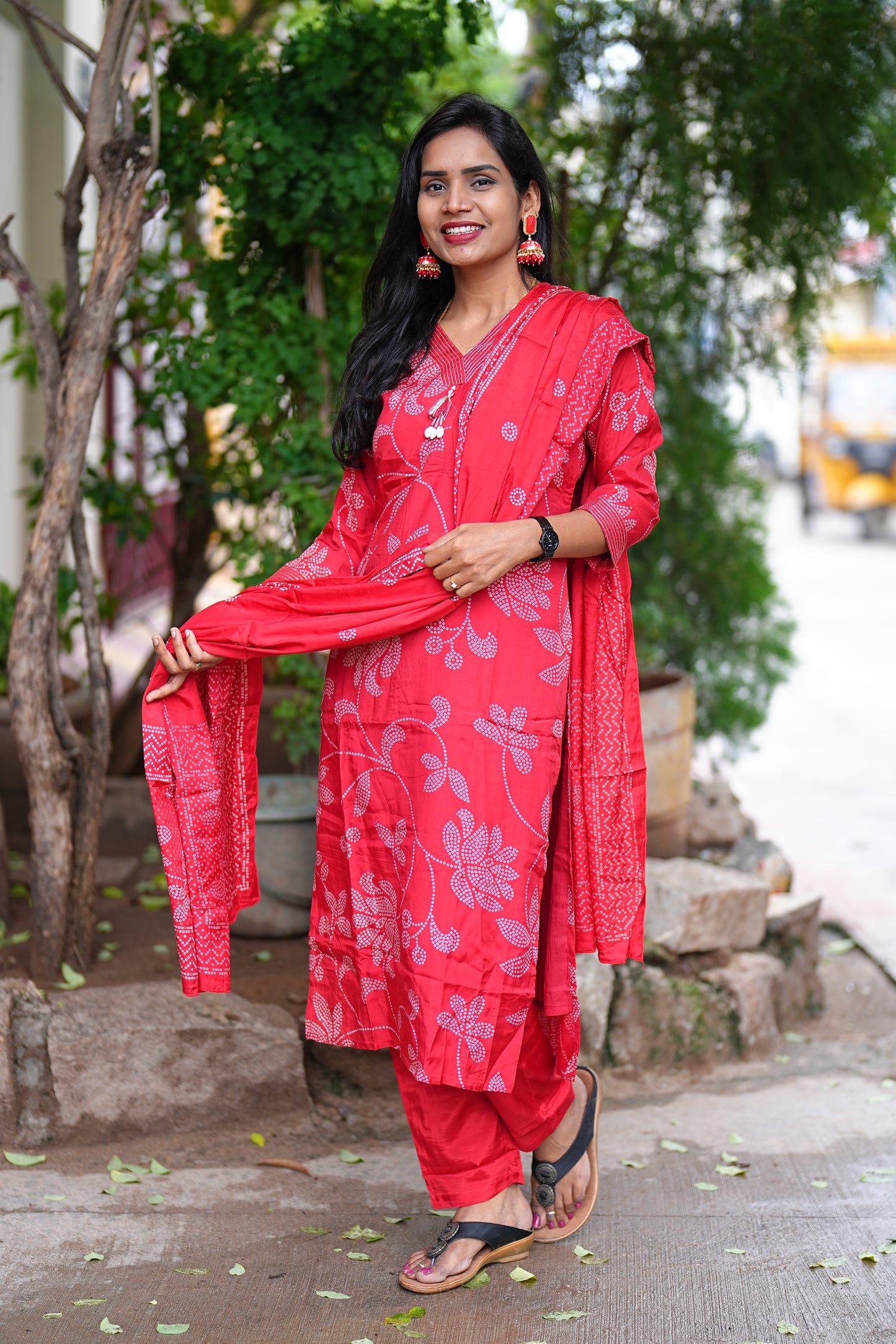 Red Viscose Chinon Silk 3 Piece Set With Complete Lining