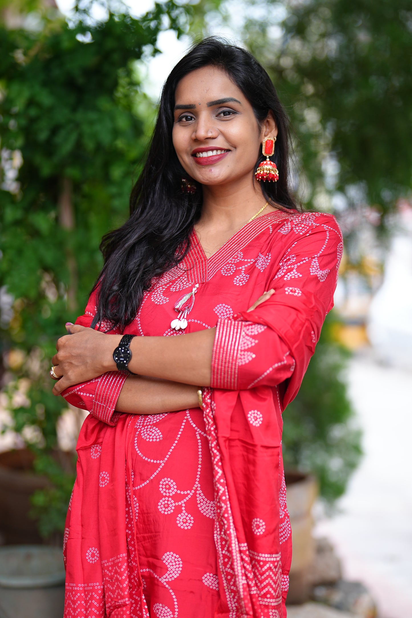 Red Viscose Chinon Silk 3 Piece Set With Complete Lining