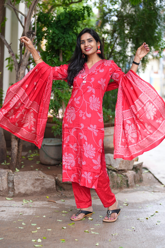Red Viscose Chinon Silk 3 Piece Set With Complete Lining