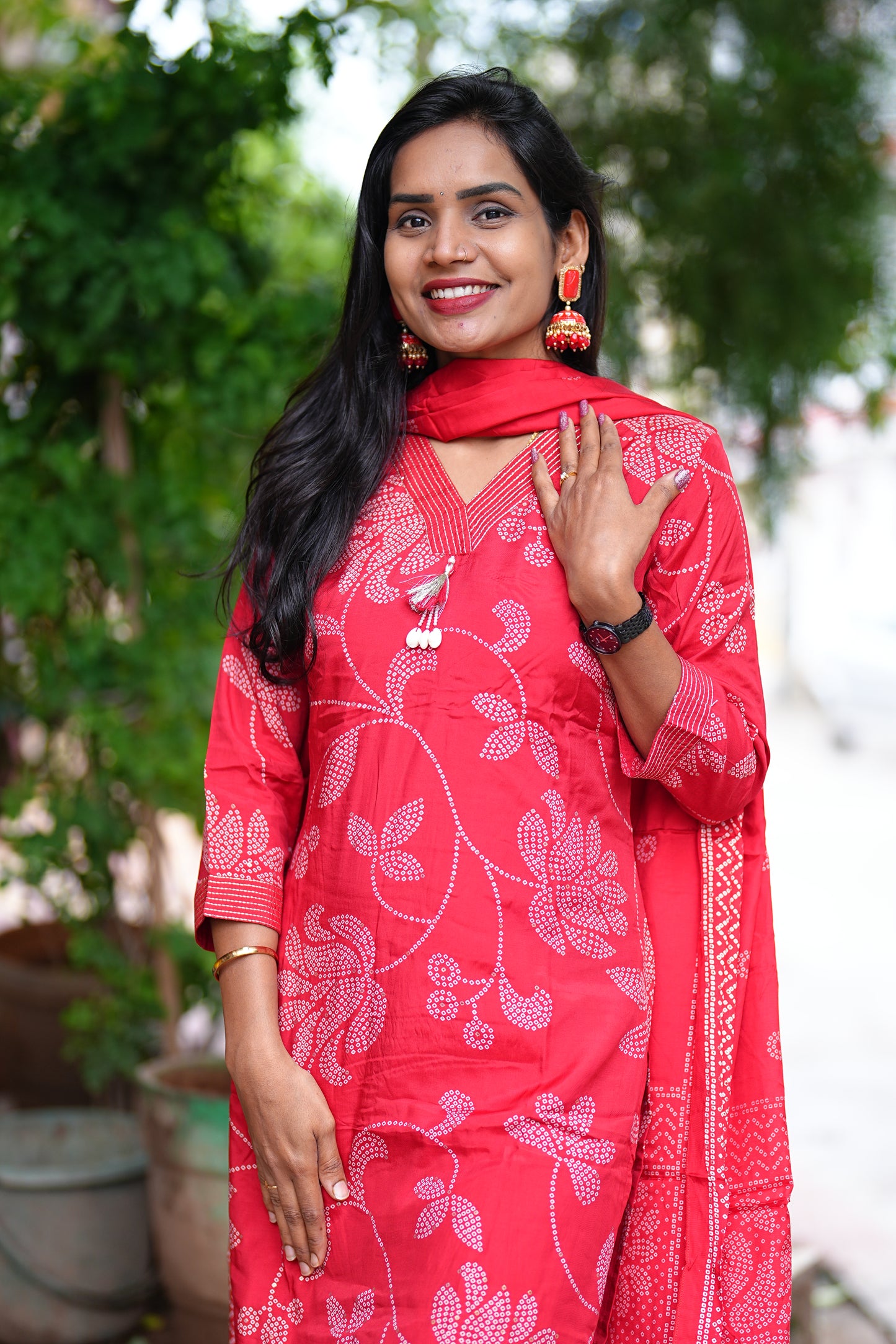 Red Viscose Chinon Silk 3 Piece Set With Complete Lining