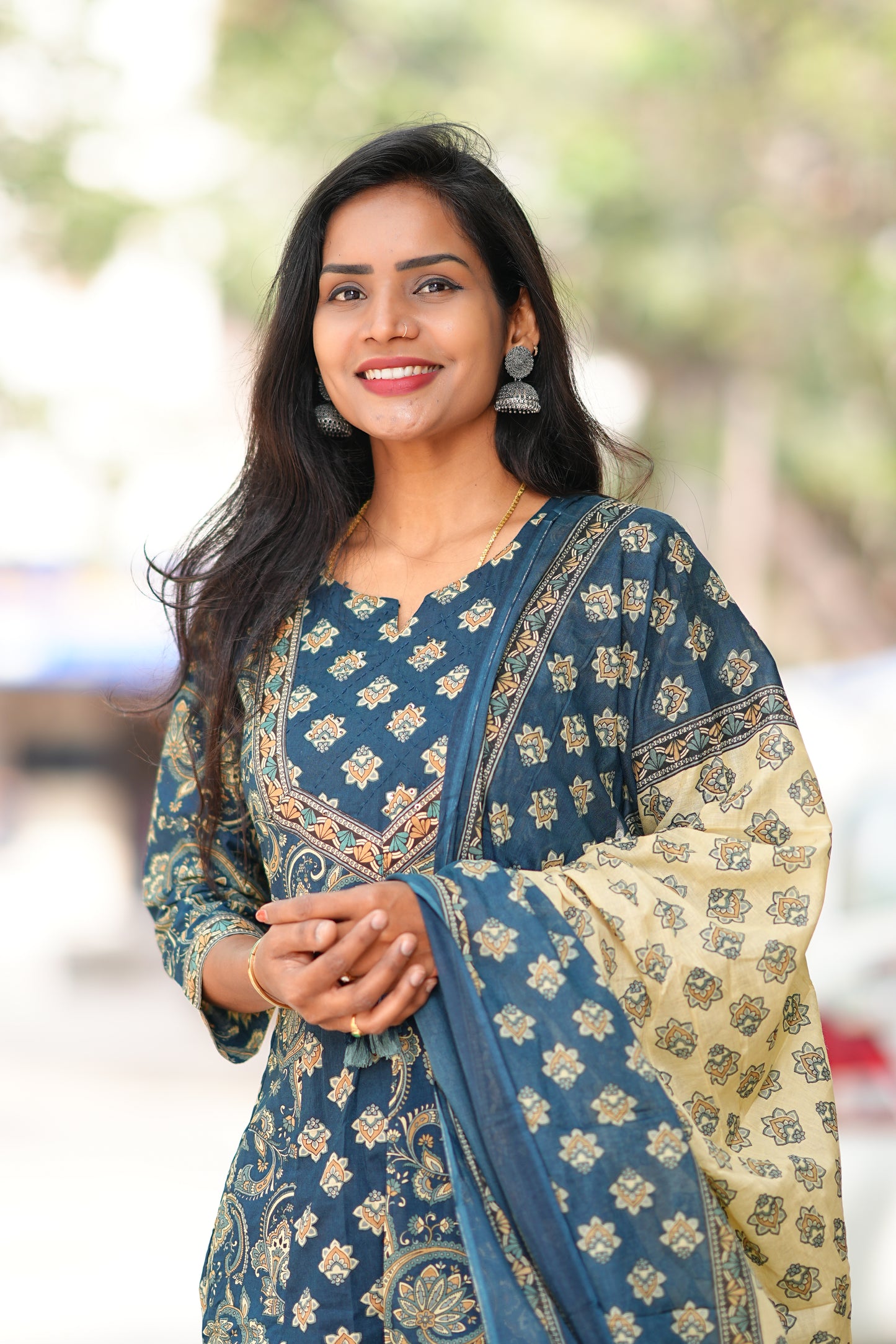 Blue Color Jaipur Cotton Anarkali 3 Piece Set