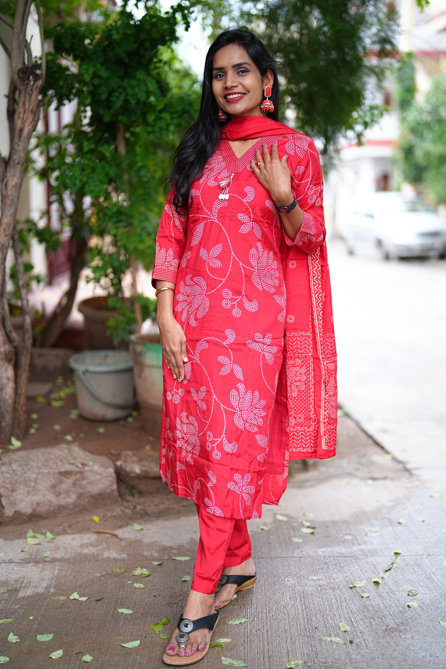Red Viscose Chinon Silk 3 Piece Set With Complete Lining
