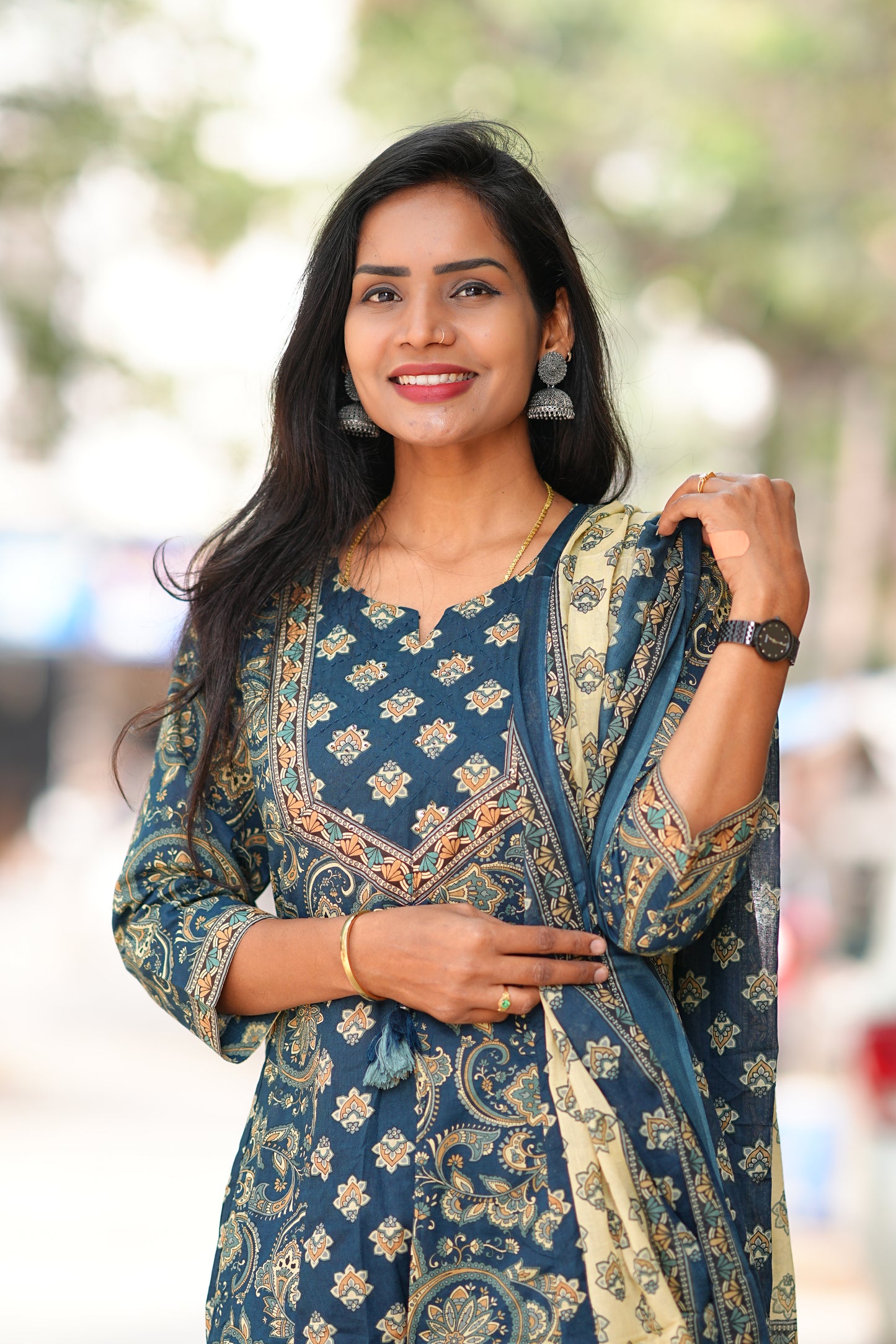 Blue Color Jaipur Cotton Anarkali 3 Piece Set