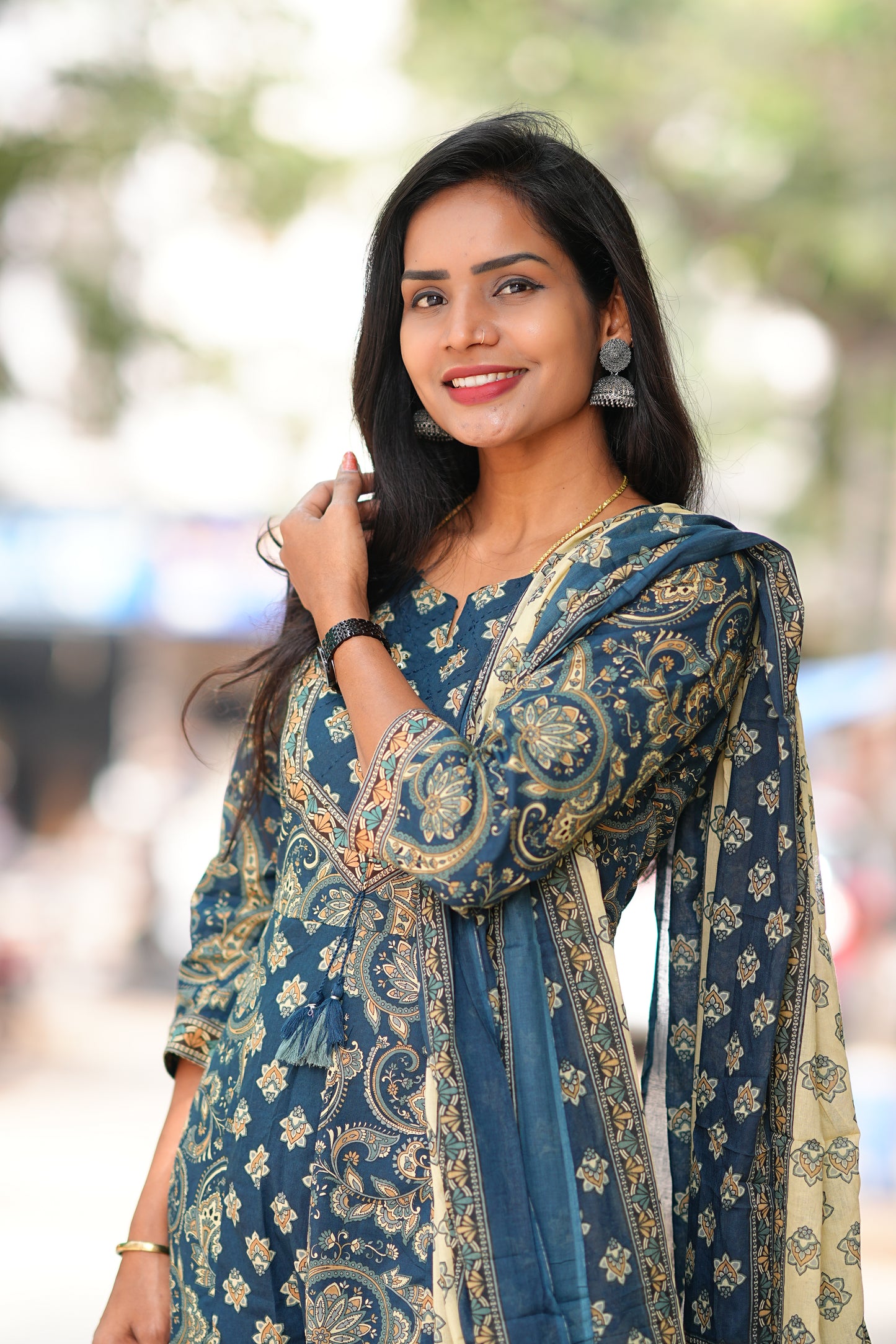 Blue Color Jaipur Cotton Anarkali 3 Piece Set