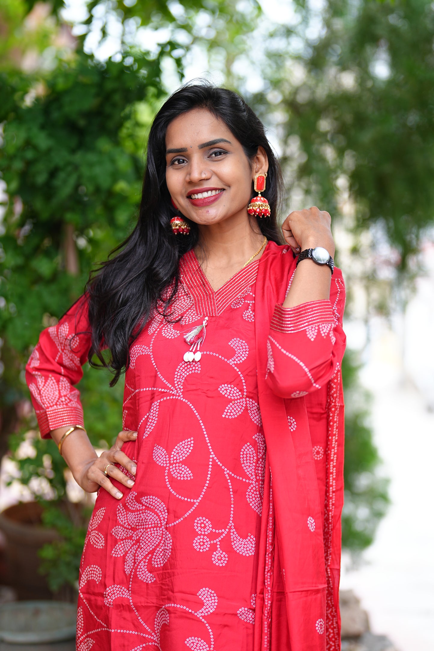 Red Viscose Chinon Silk 3 Piece Set With Complete Lining