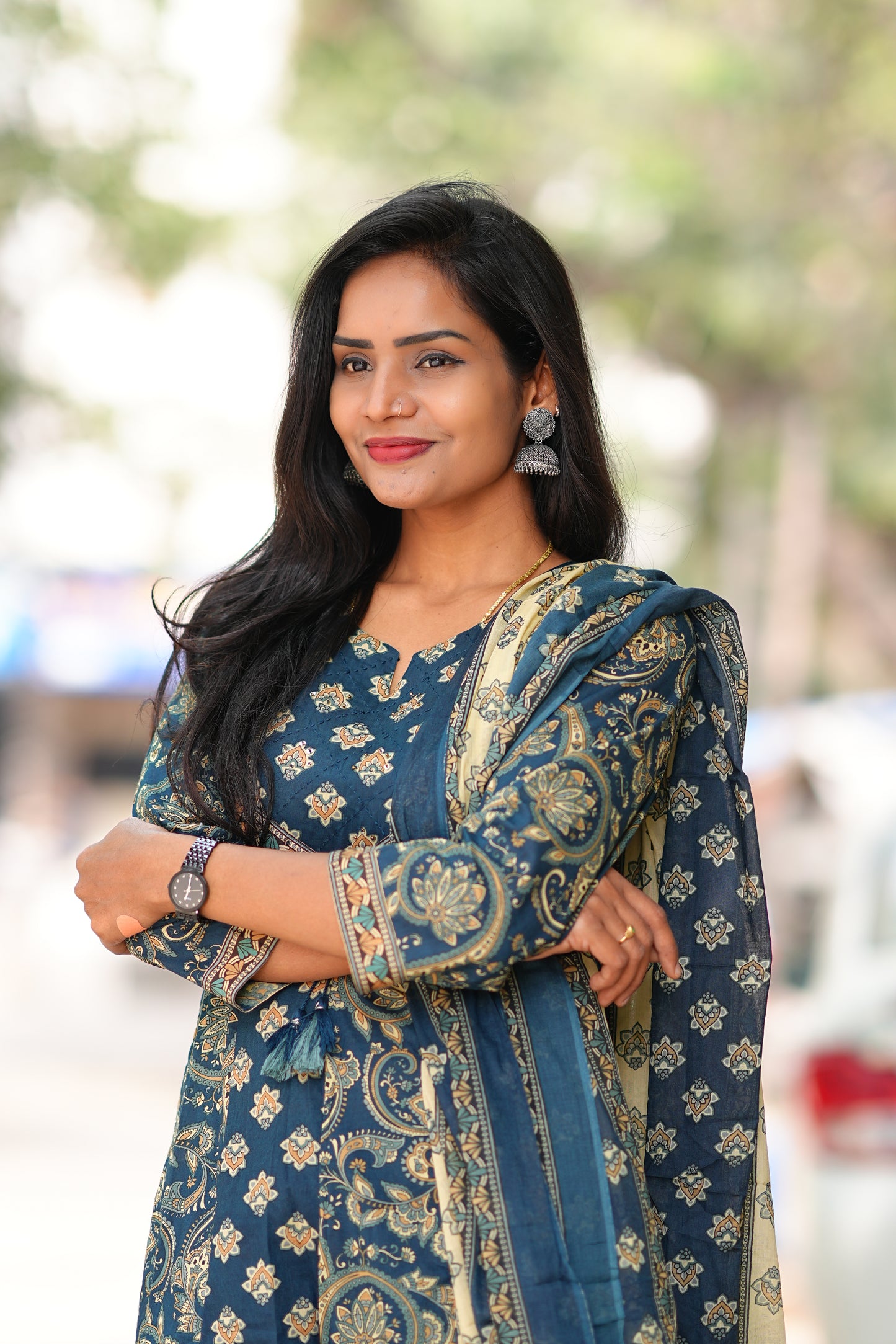 Blue Color Jaipur Cotton Anarkali 3 Piece Set