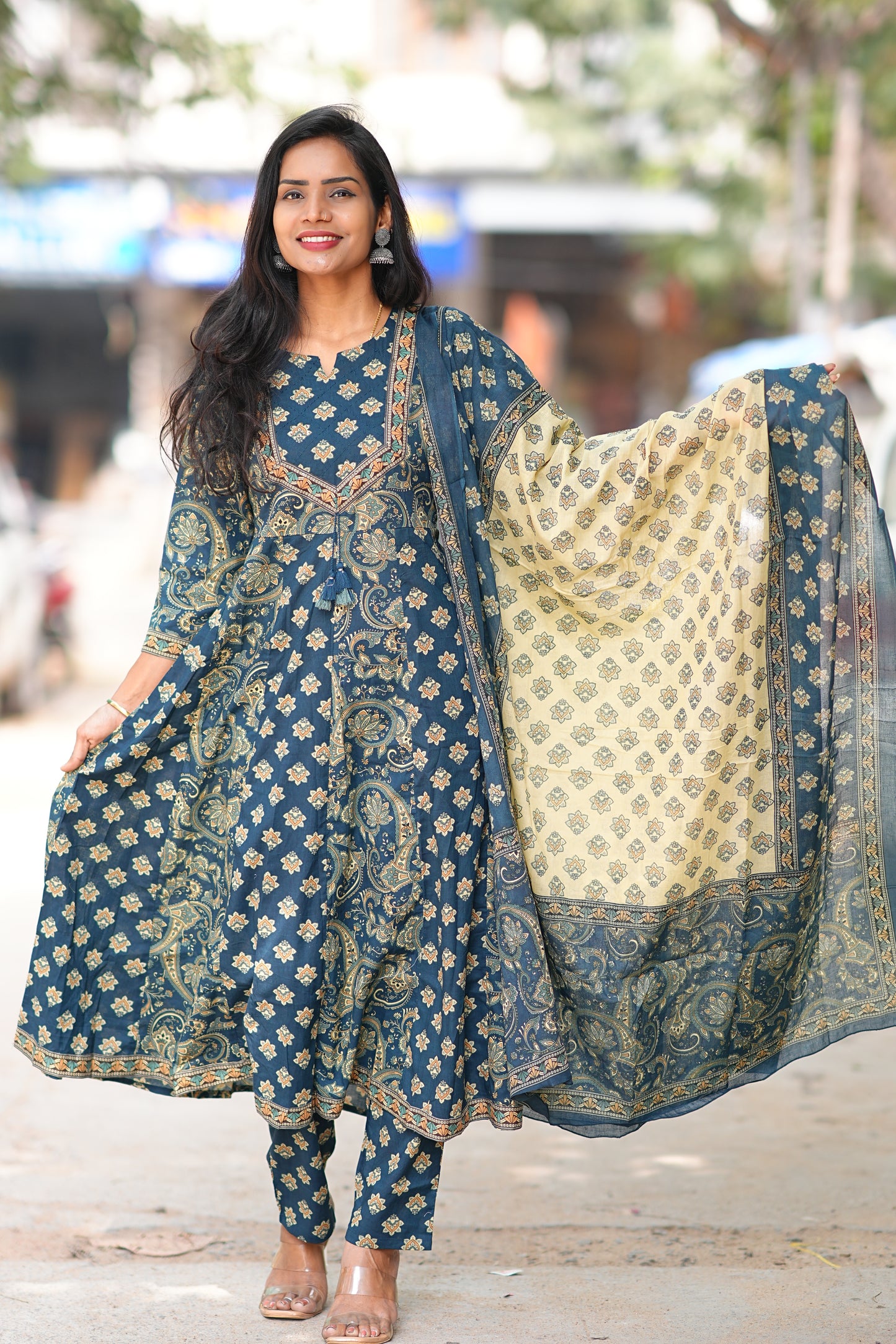 Blue Color Jaipur Cotton Anarkali 3 Piece Set