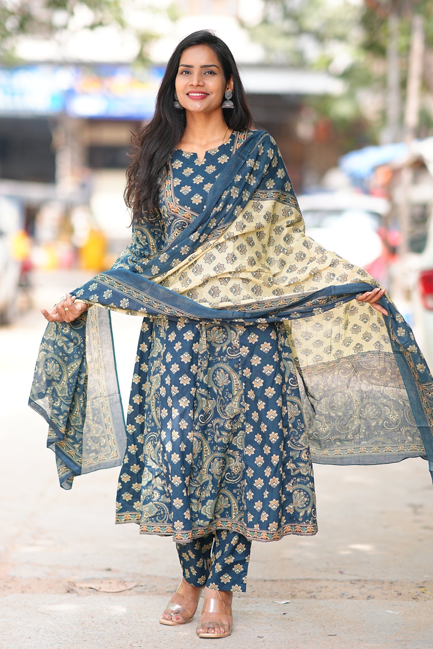 Blue Color Jaipur Cotton Anarkali 3 Piece Set