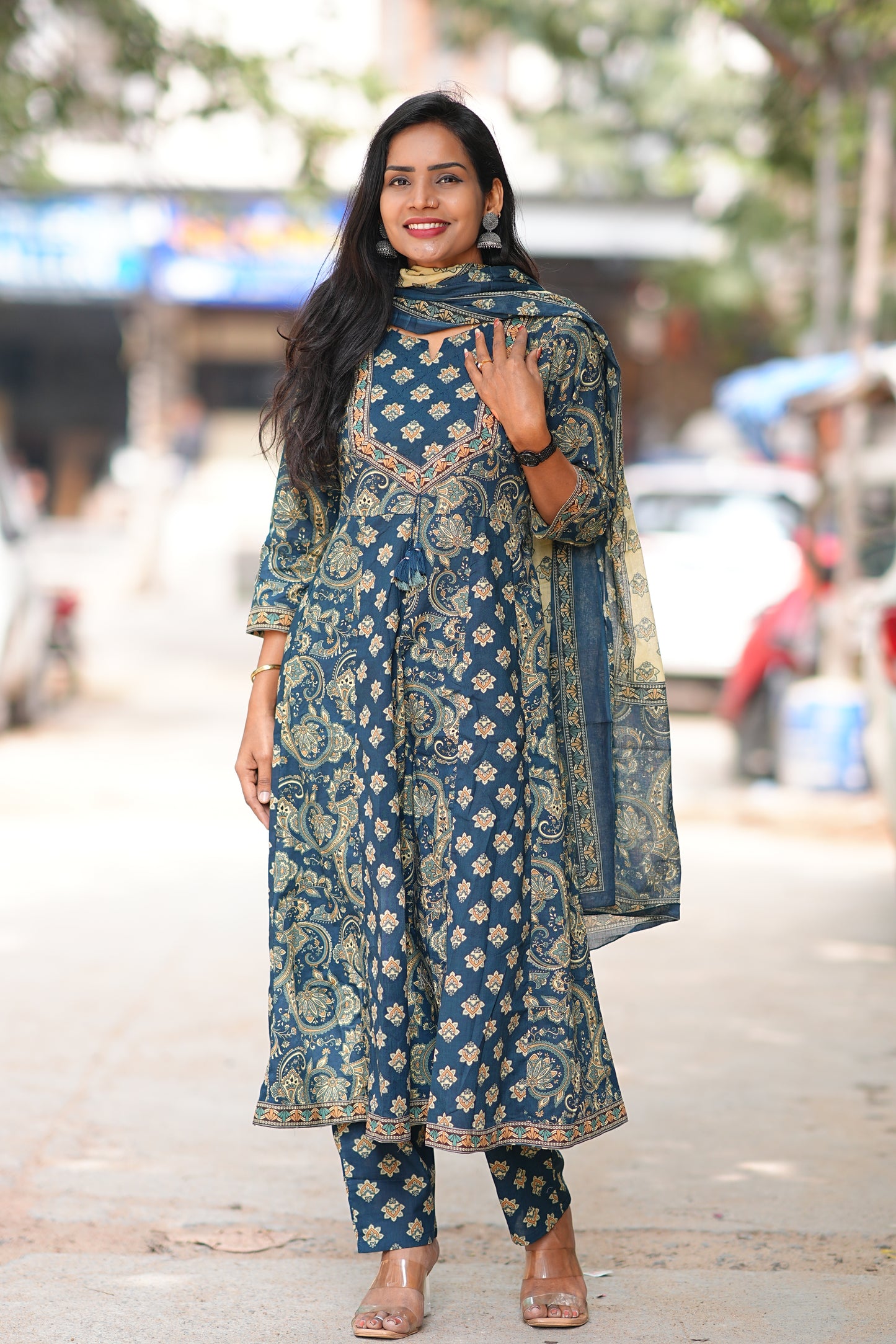 Blue Color Jaipur Cotton Anarkali 3 Piece Set