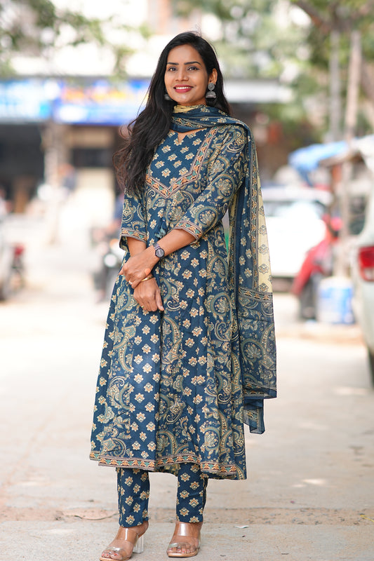 Blue Color Jaipur Cotton Anarkali 3 Piece Set