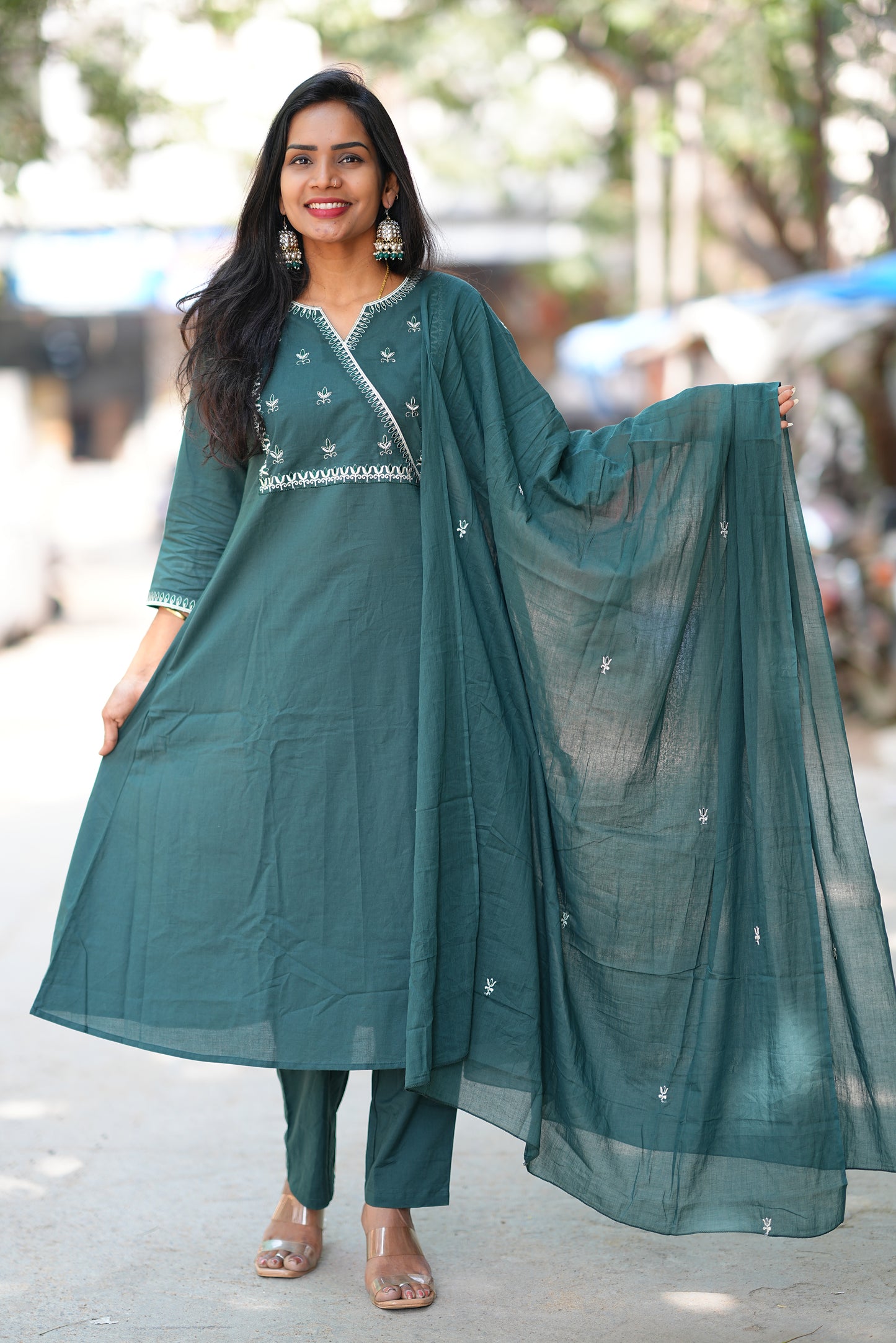 Teal Green 92.5 Jaipur Cotton A Line 3 Piece Set With Embroidery Work