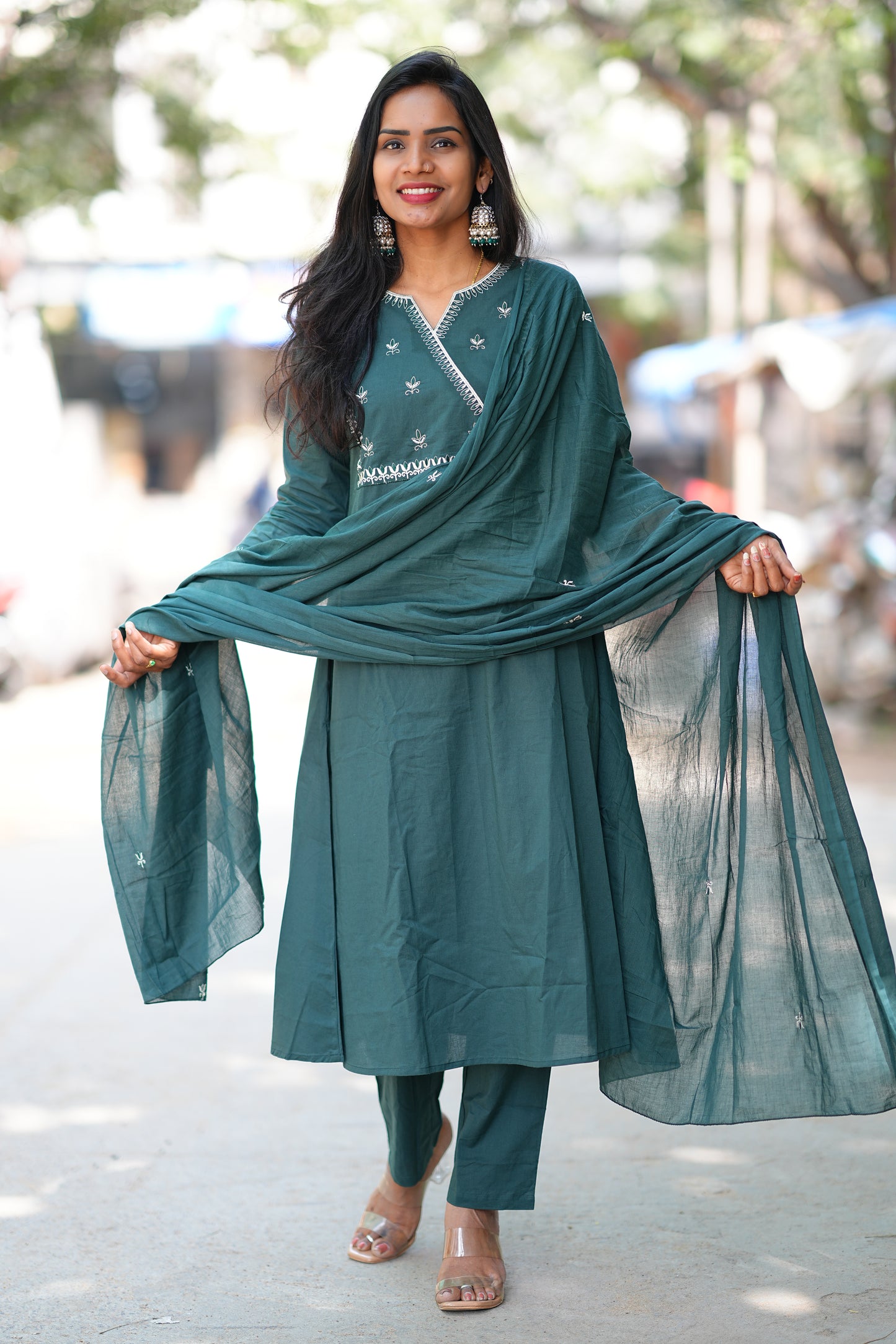 Teal Green 92.5 Jaipur Cotton A Line 3 Piece Set With Embroidery Work