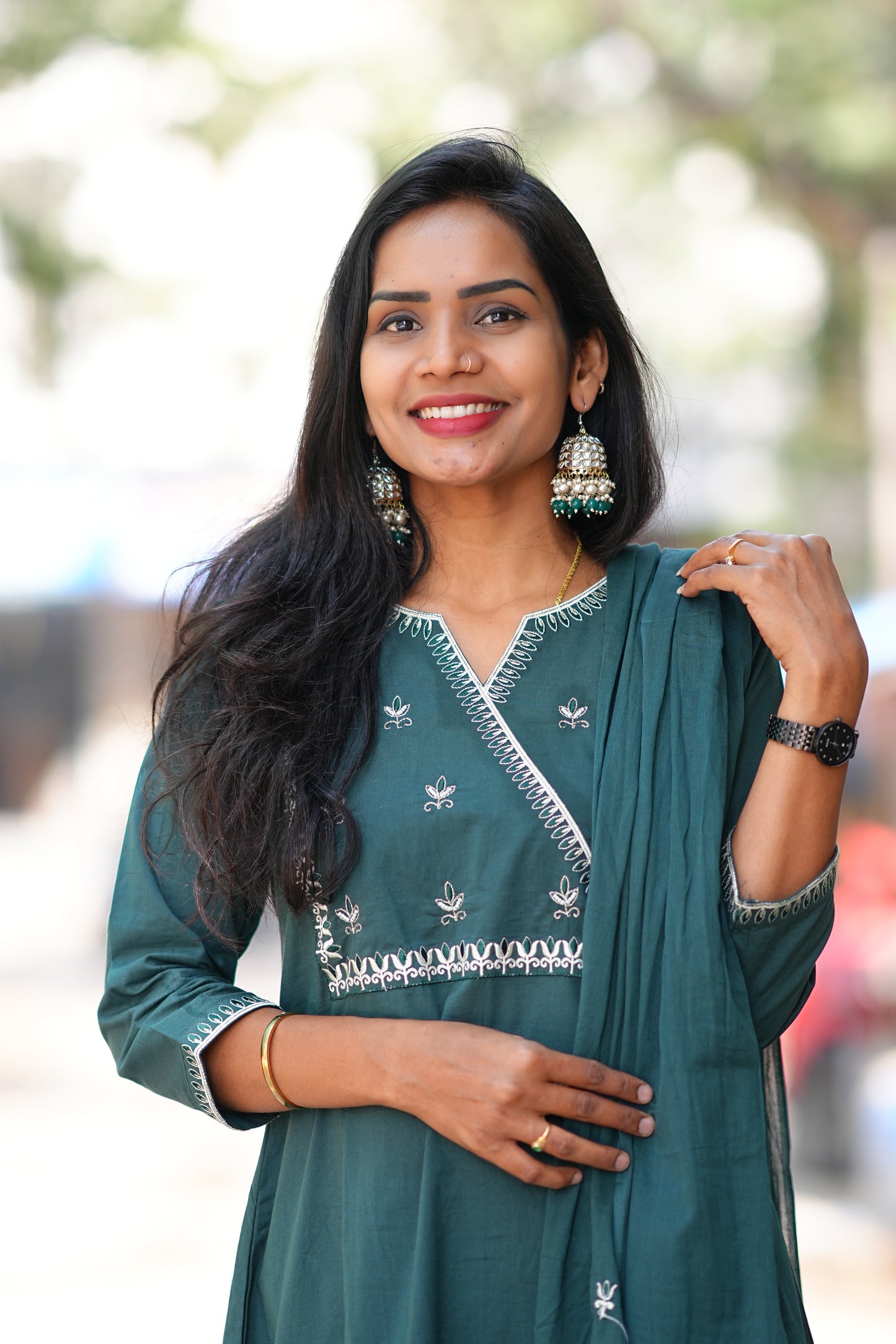 Teal Green 92.5 Jaipur Cotton A Line 3 Piece Set With Embroidery Work