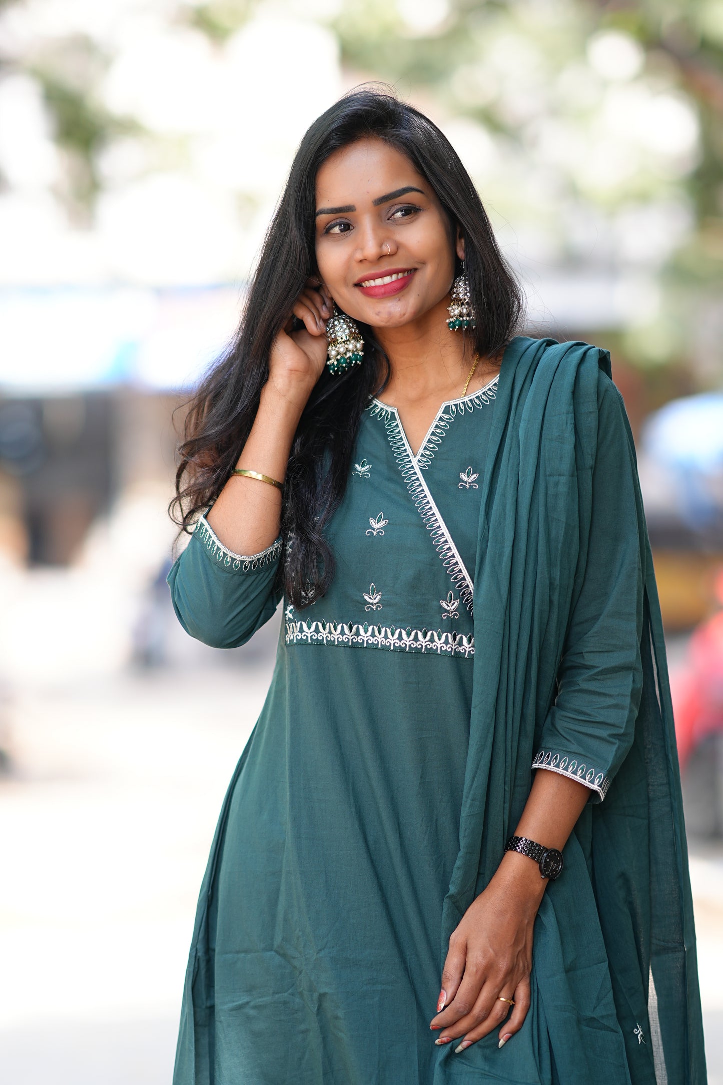 Teal Green 92.5 Jaipur Cotton A Line 3 Piece Set With Embroidery Work