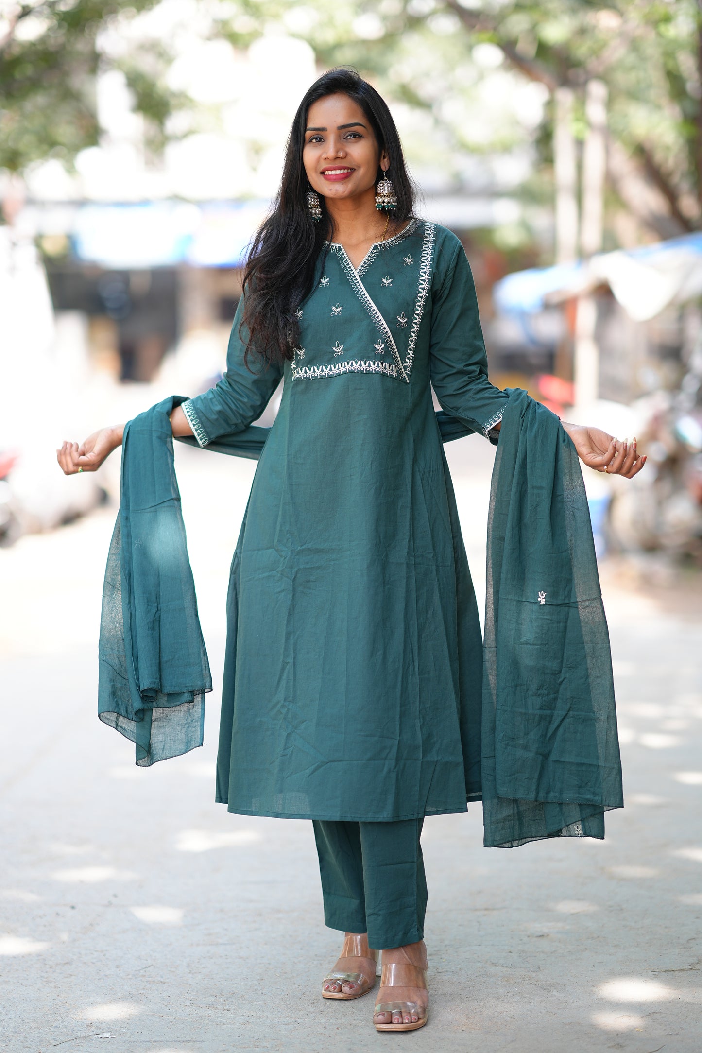 Teal Green 92.5 Jaipur Cotton A Line 3 Piece Set With Embroidery Work
