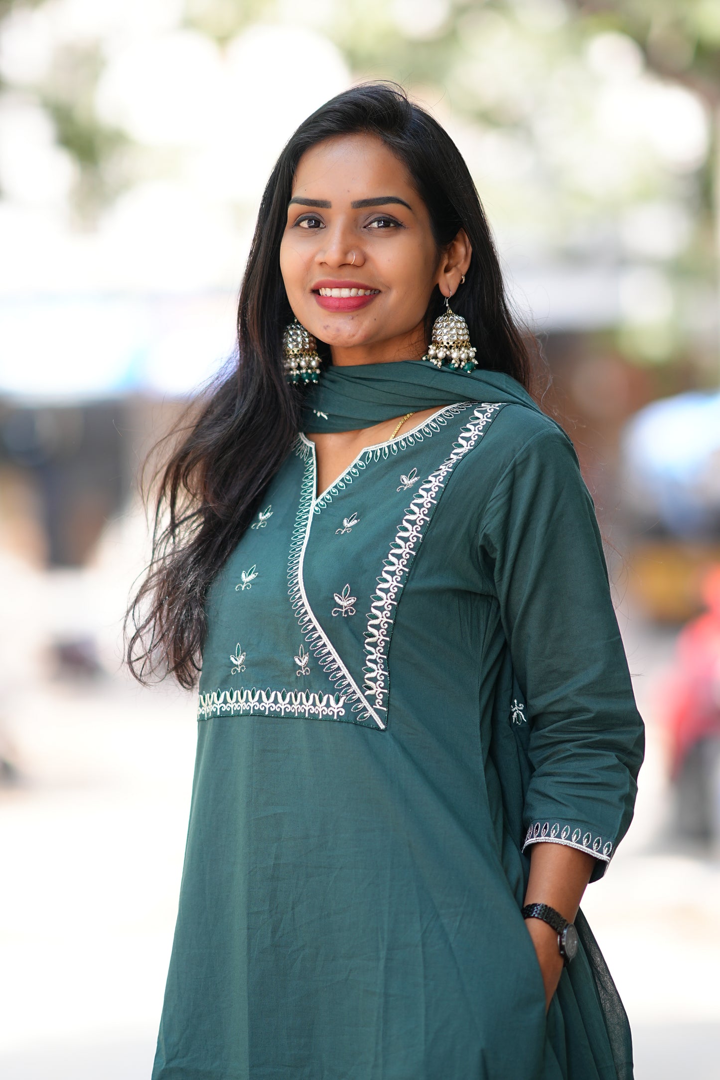 Teal Green 92.5 Jaipur Cotton A Line 3 Piece Set With Embroidery Work