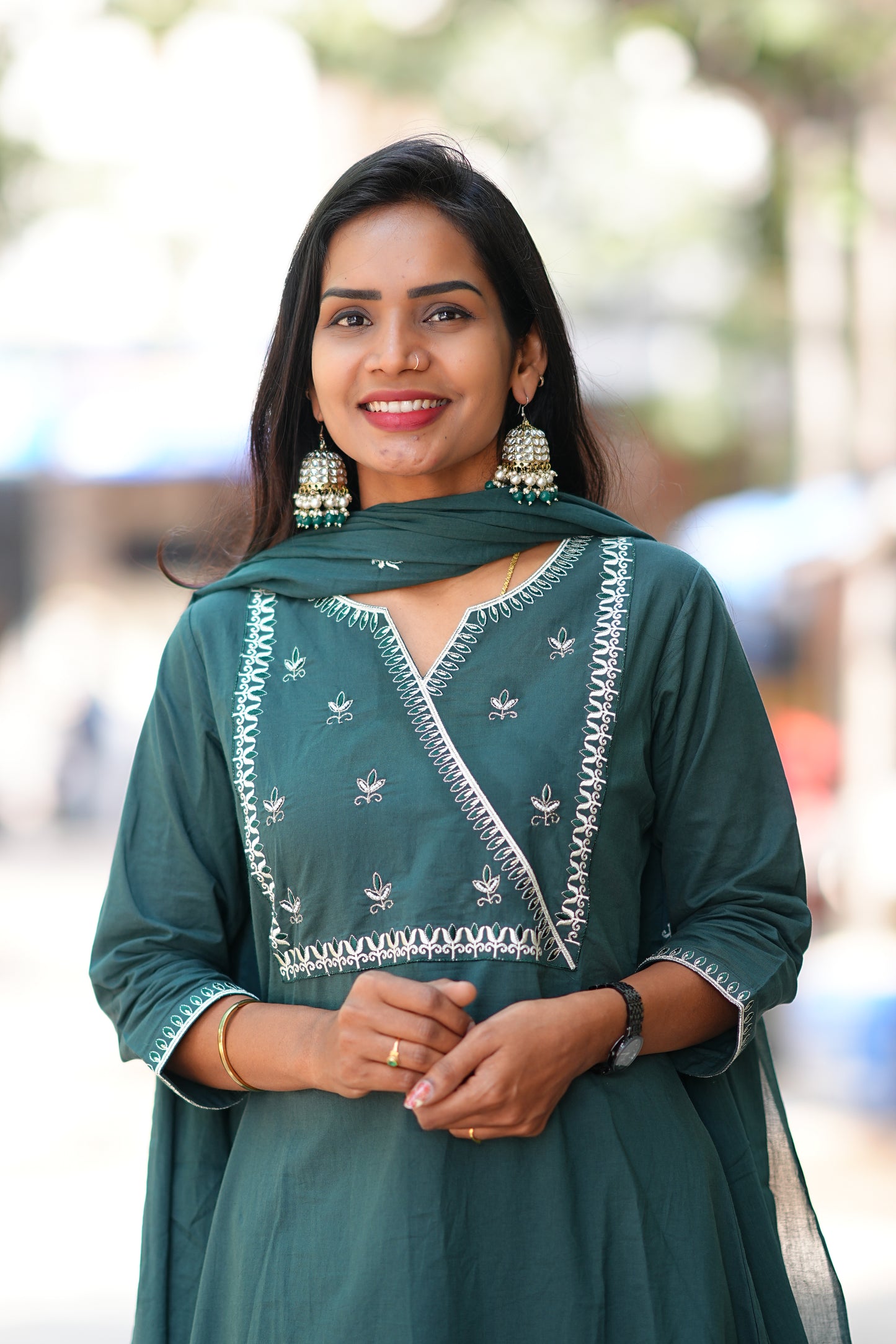 Teal Green 92.5 Jaipur Cotton A Line 3 Piece Set With Embroidery Work