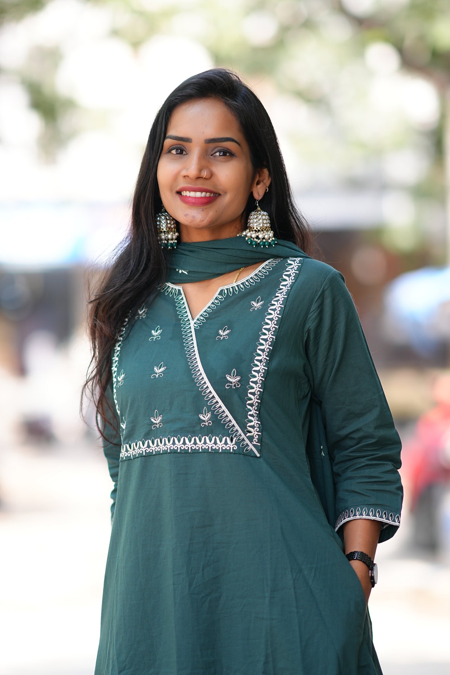 Teal Green 92.5 Jaipur Cotton A Line 3 Piece Set With Embroidery Work