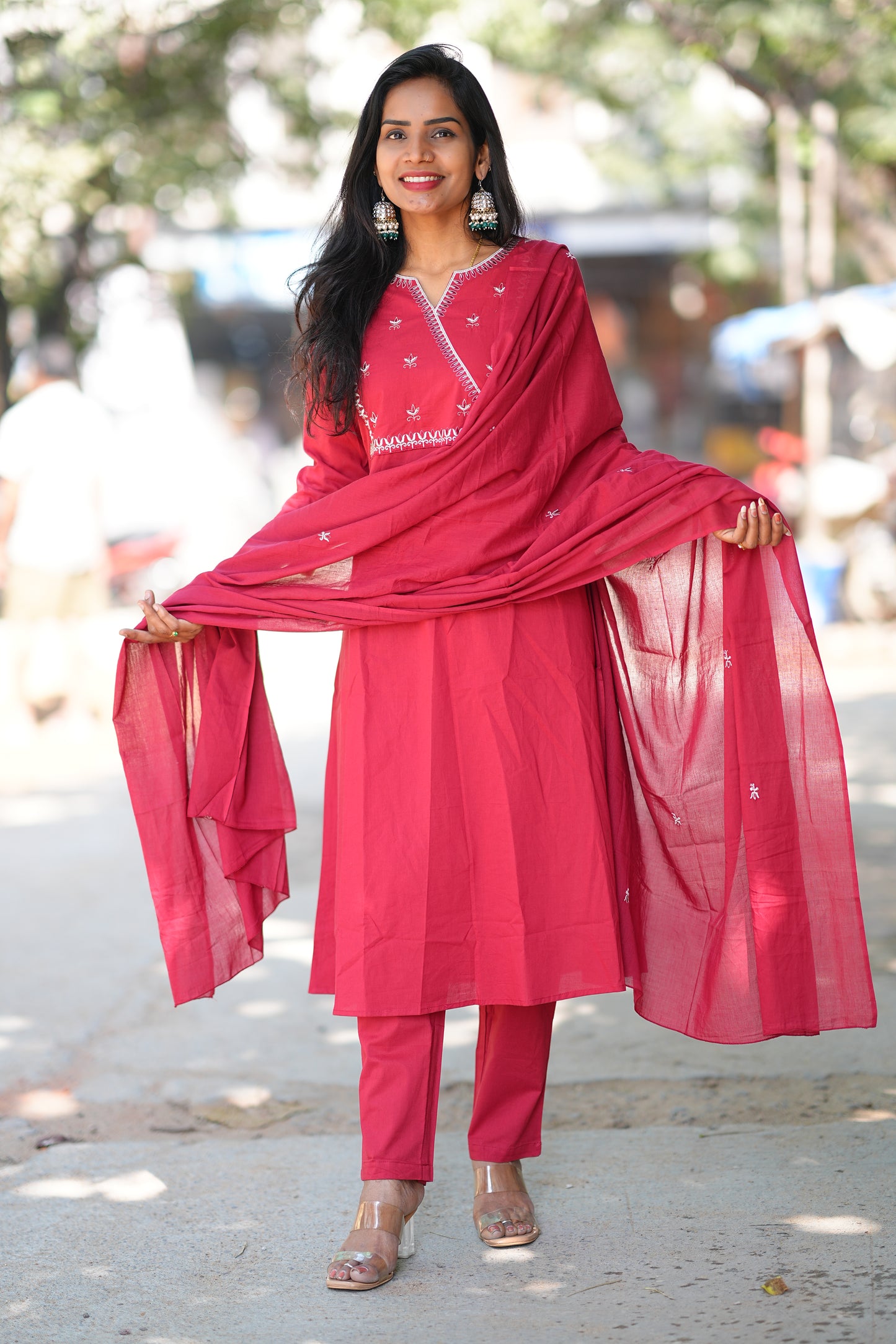 Maroon Pink 92.5 Jaipur Cotton A Line 3 Piece Set With Embroidery Work