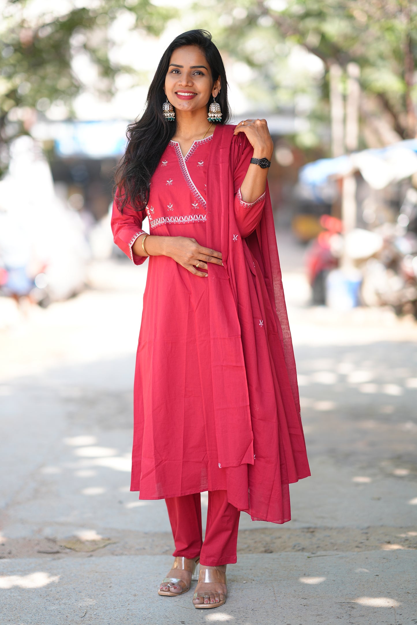 Maroon Pink 92.5 Jaipur Cotton A Line 3 Piece Set With Embroidery Work