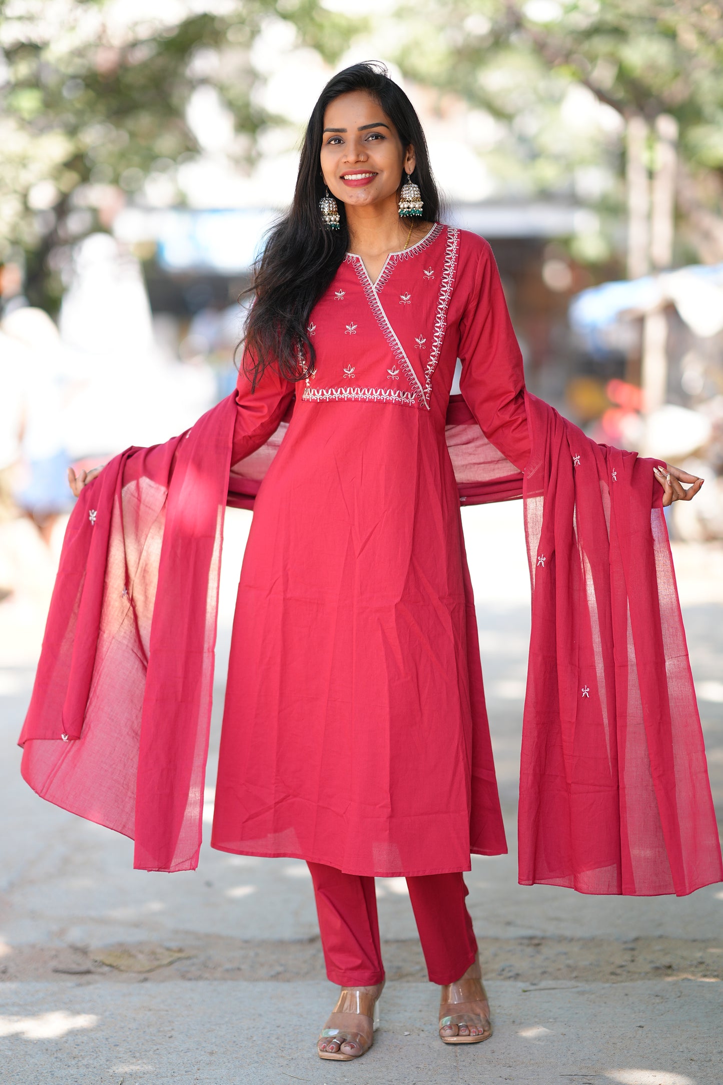 Maroon Pink 92.5 Jaipur Cotton A Line 3 Piece Set With Embroidery Work