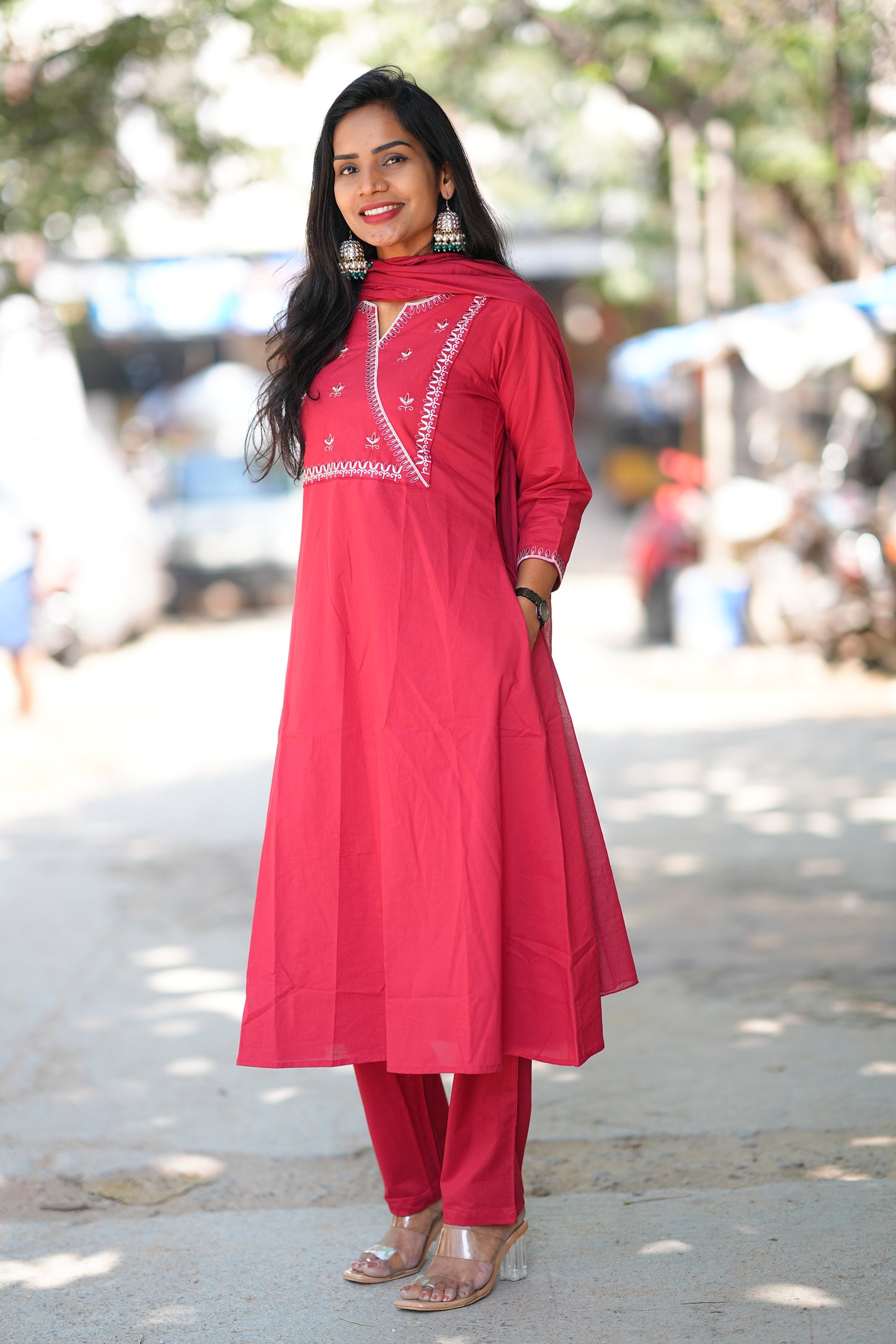 Maroon Pink 92.5 Jaipur Cotton A Line 3 Piece Set With Embroidery Work