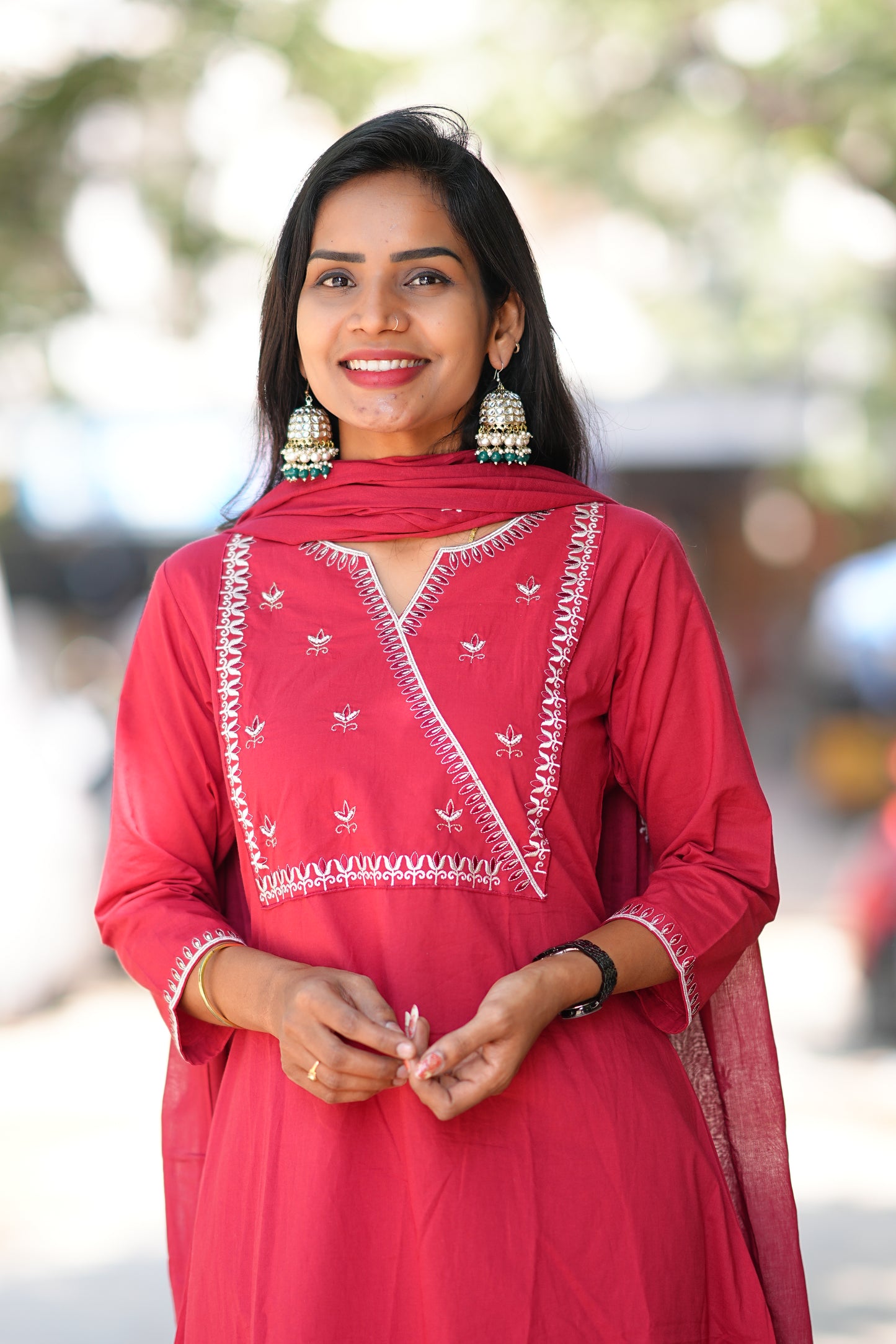 Maroon Pink 92.5 Jaipur Cotton A Line 3 Piece Set With Embroidery Work