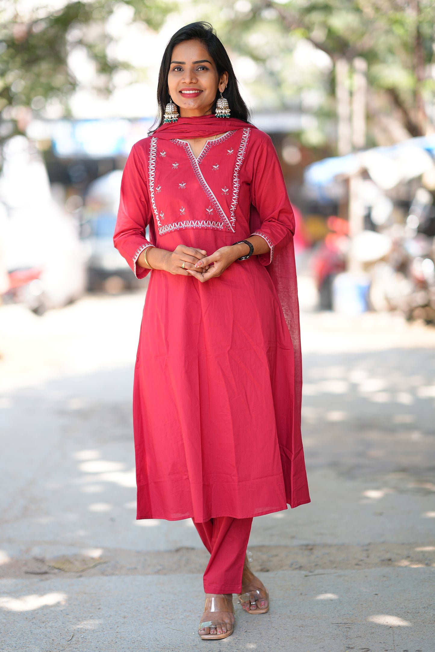 Maroon Pink 92.5 Jaipur Cotton A Line 3 Piece Set With Embroidery Work