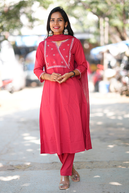 Maroon Pink 92.5 Jaipur Cotton A Line 3 Piece Set With Embroidery Work