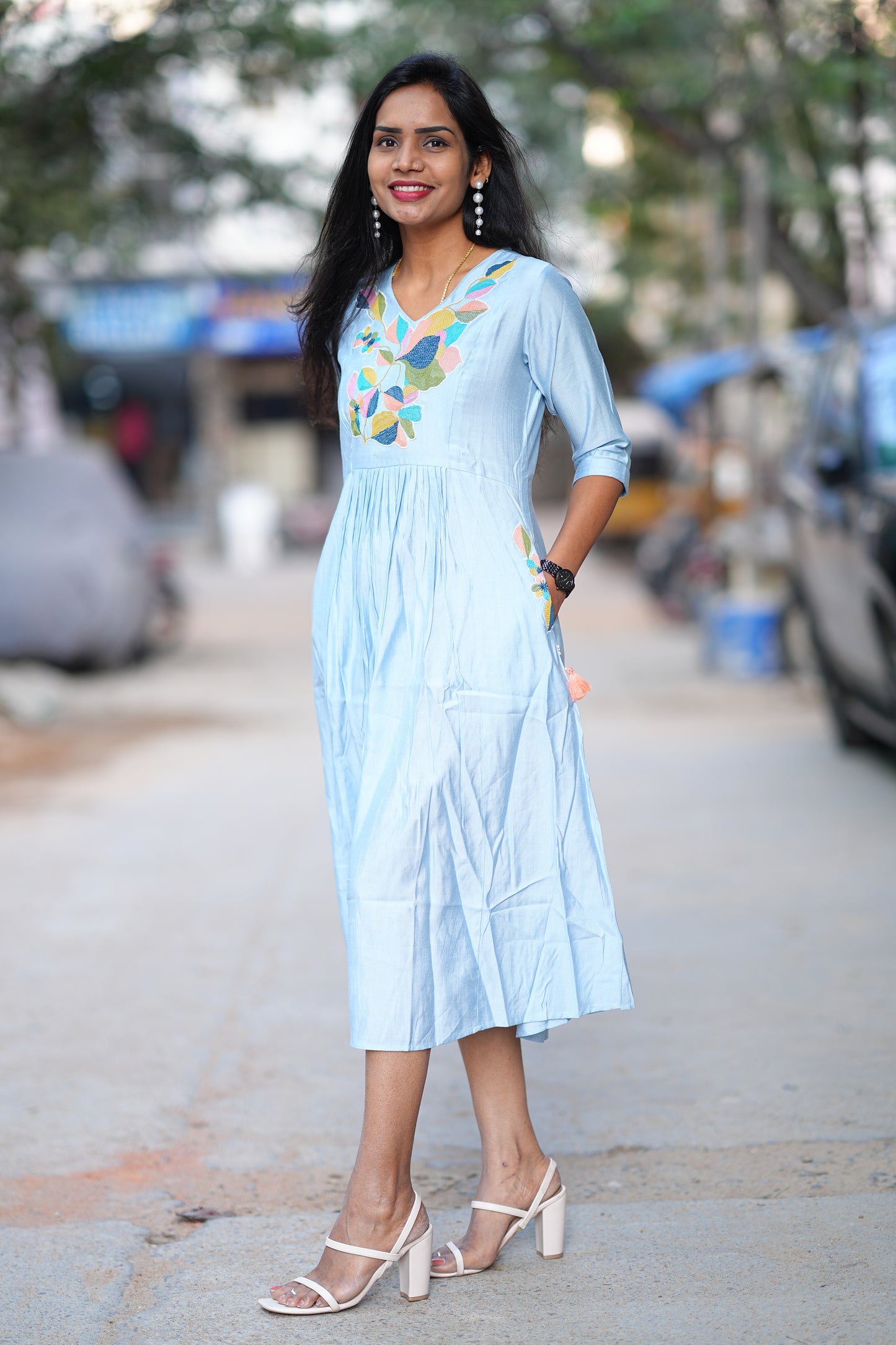 Sky Blue Viscose Party Wear Frock With Embroidery work