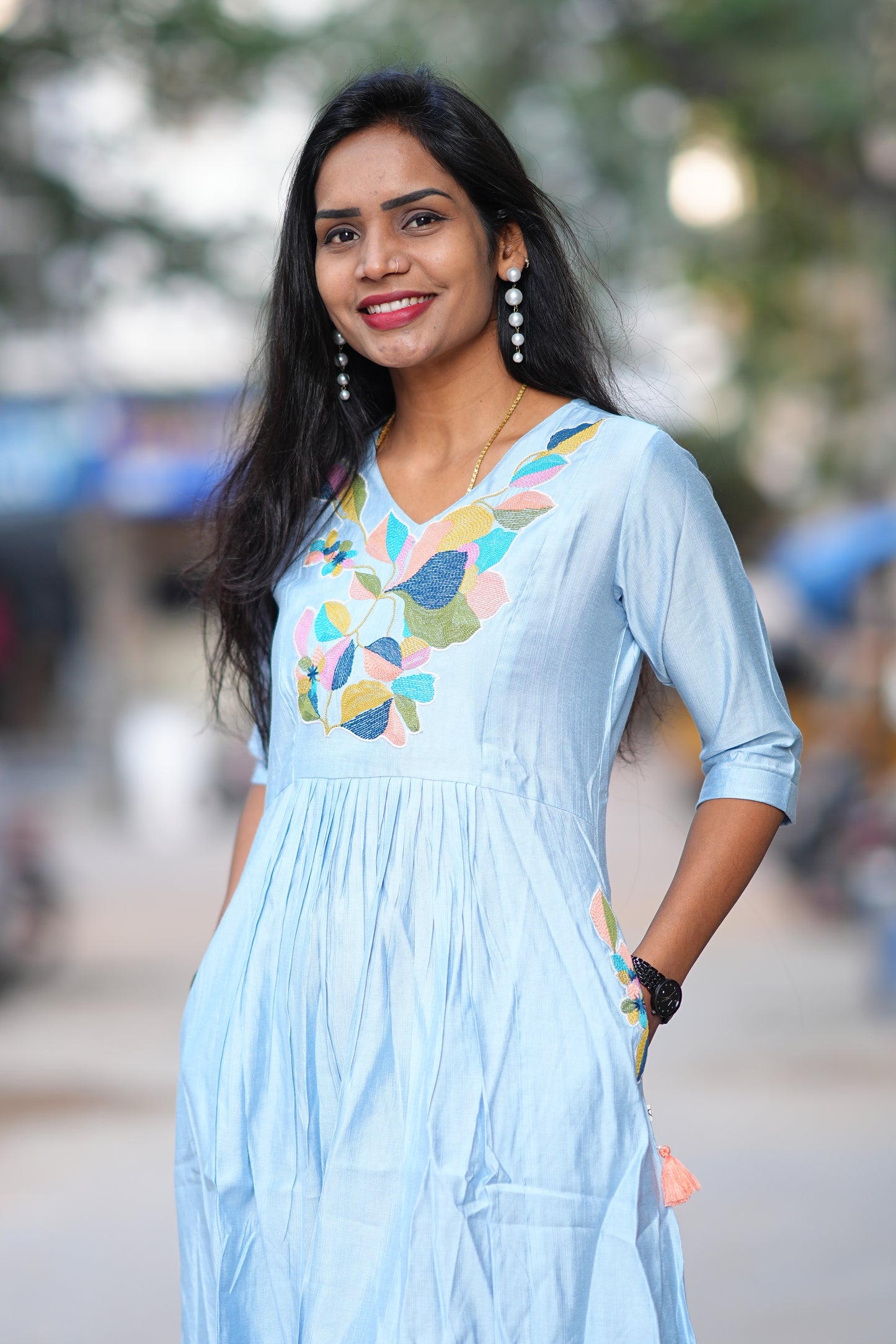 Sky Blue Viscose Party Wear Frock With Embroidery work