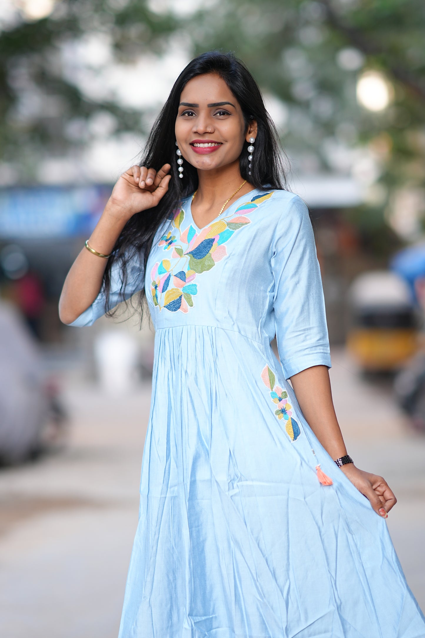 Sky Blue Viscose Party Wear Frock With Embroidery work