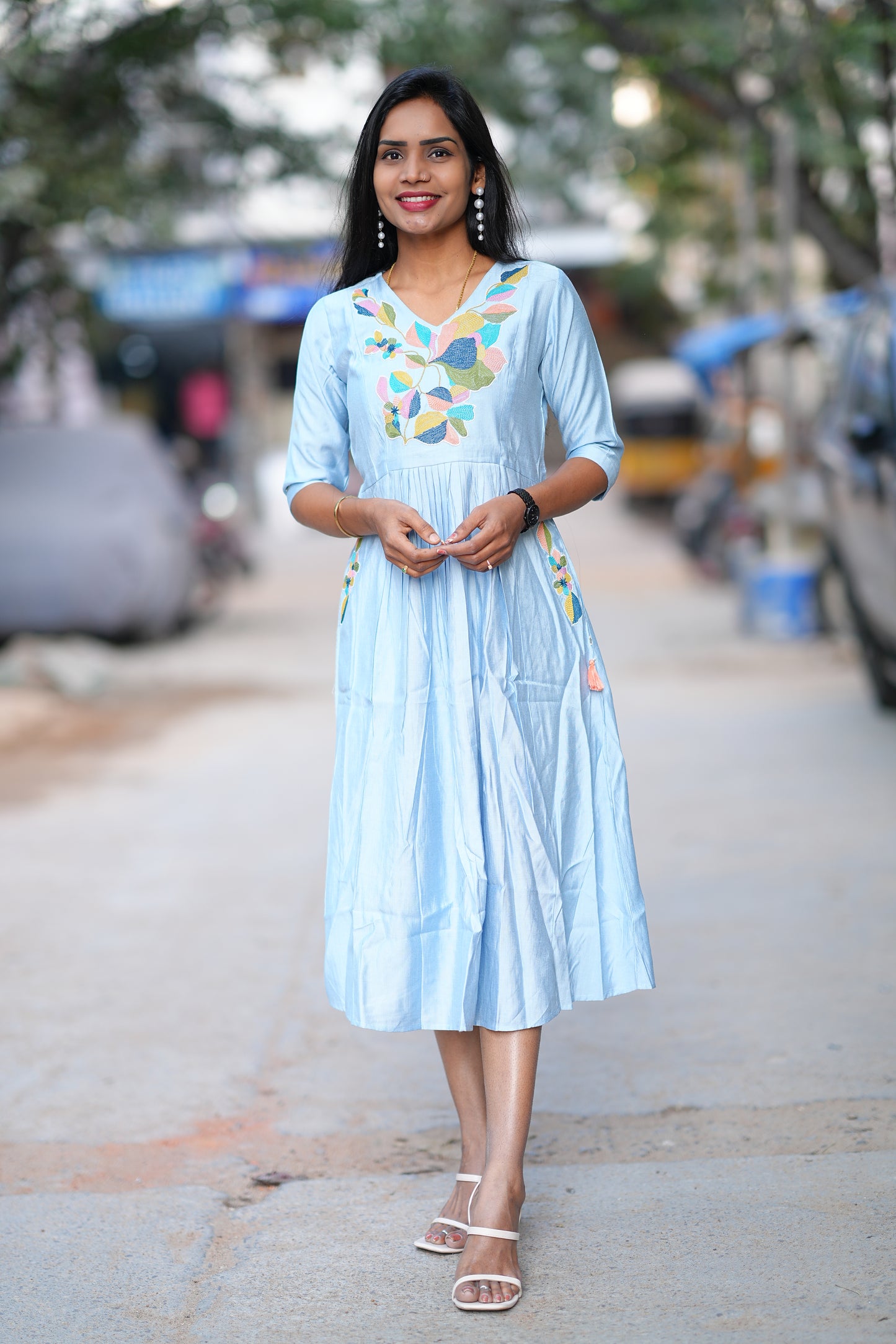 Sky Blue Viscose Party Wear Frock With Embroidery work