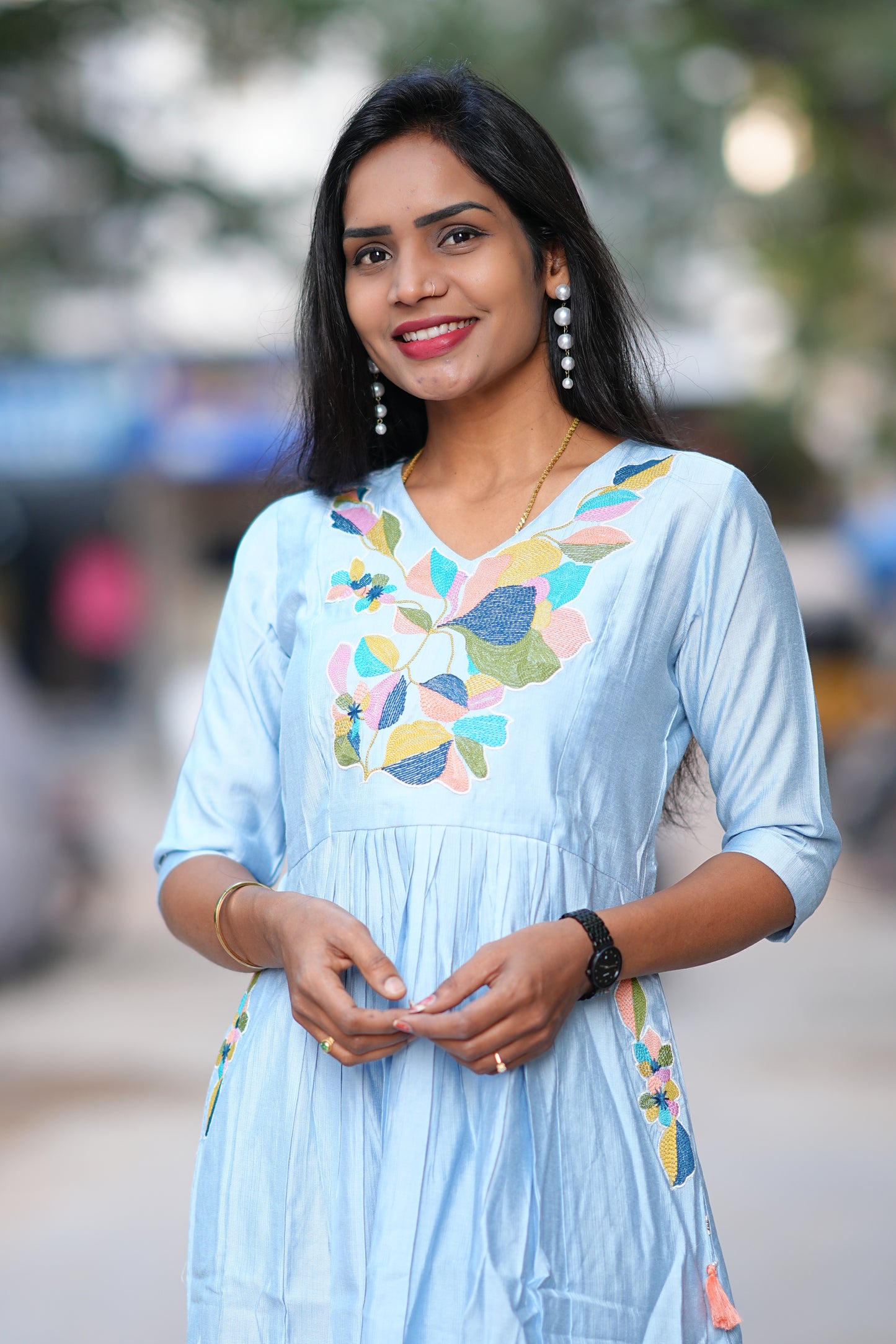 Sky Blue Viscose Party Wear Frock With Embroidery work