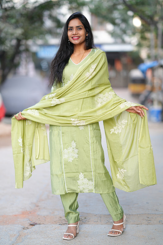 Premium Mul Chanderi Festive 3-Piece Embroidered Set with Full Lining