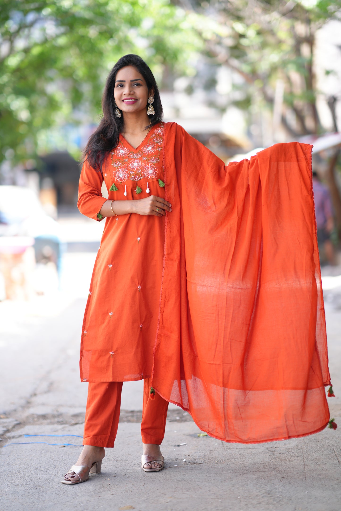 Orange Color Jaipur Cotton 3 piece Set With Embroidery Work and Complete Lining