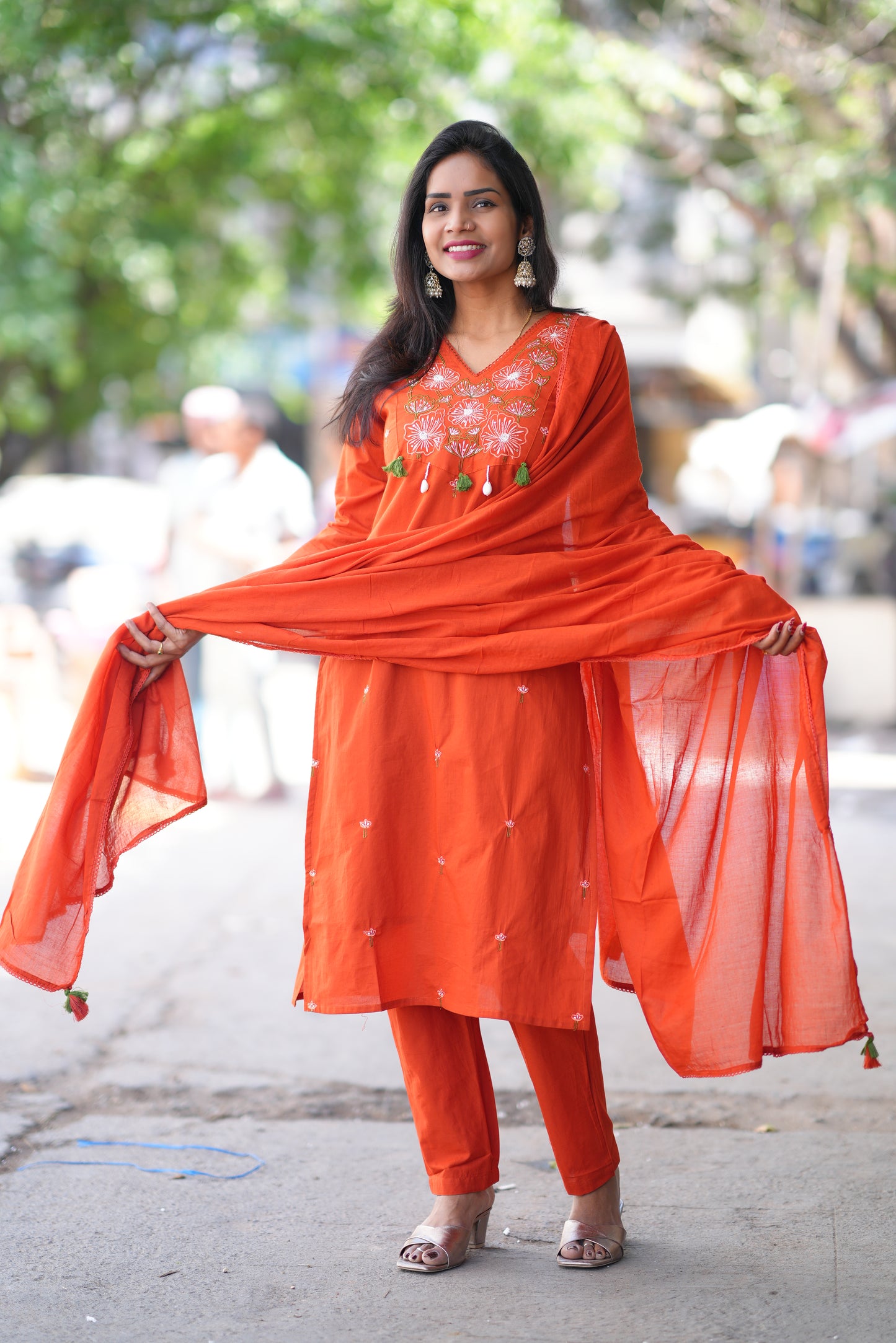 Orange Color Jaipur Cotton 3 piece Set With Embroidery Work and Complete Lining