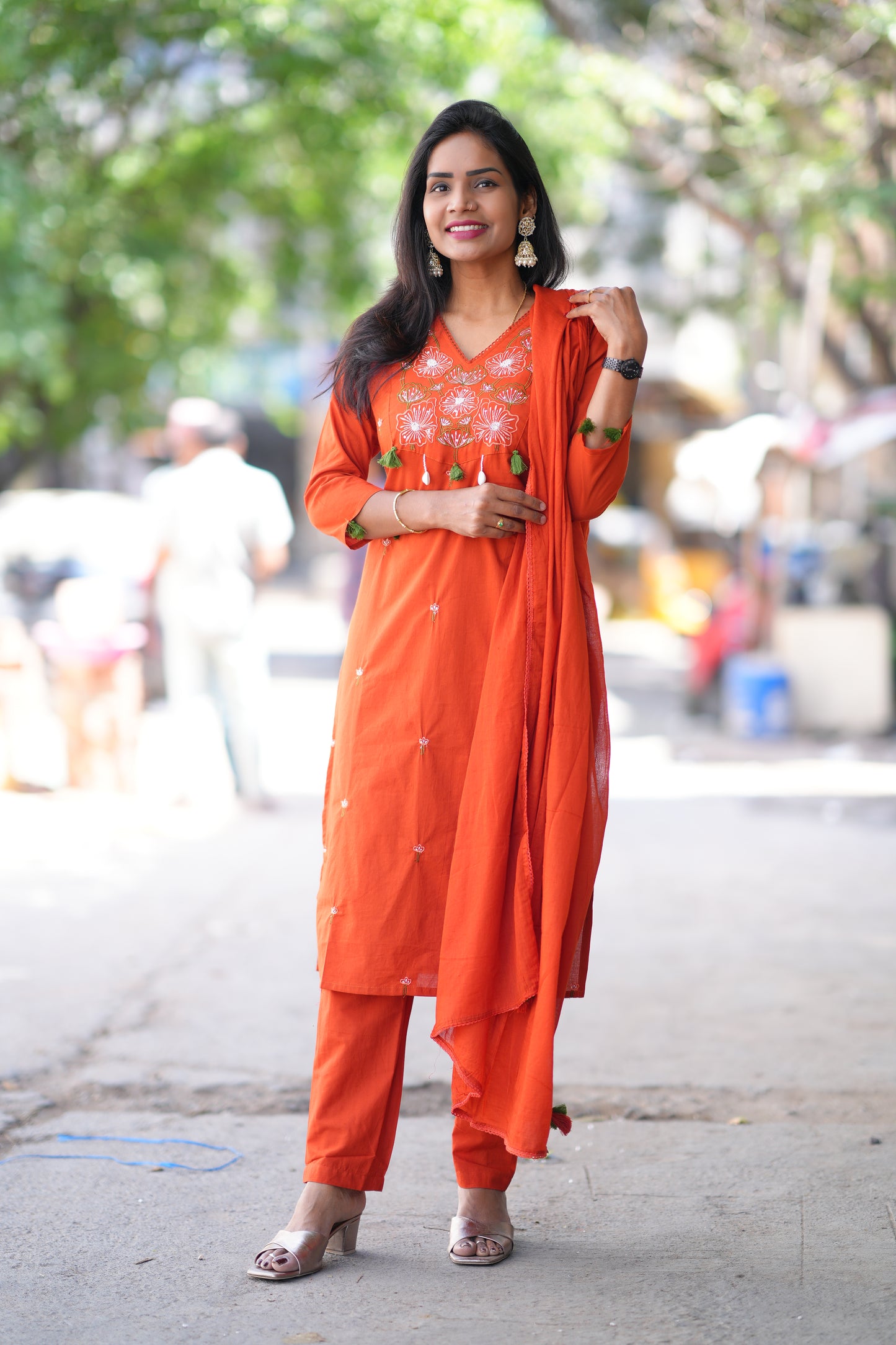 Orange Color Jaipur Cotton 3 piece Set With Embroidery Work and Complete Lining