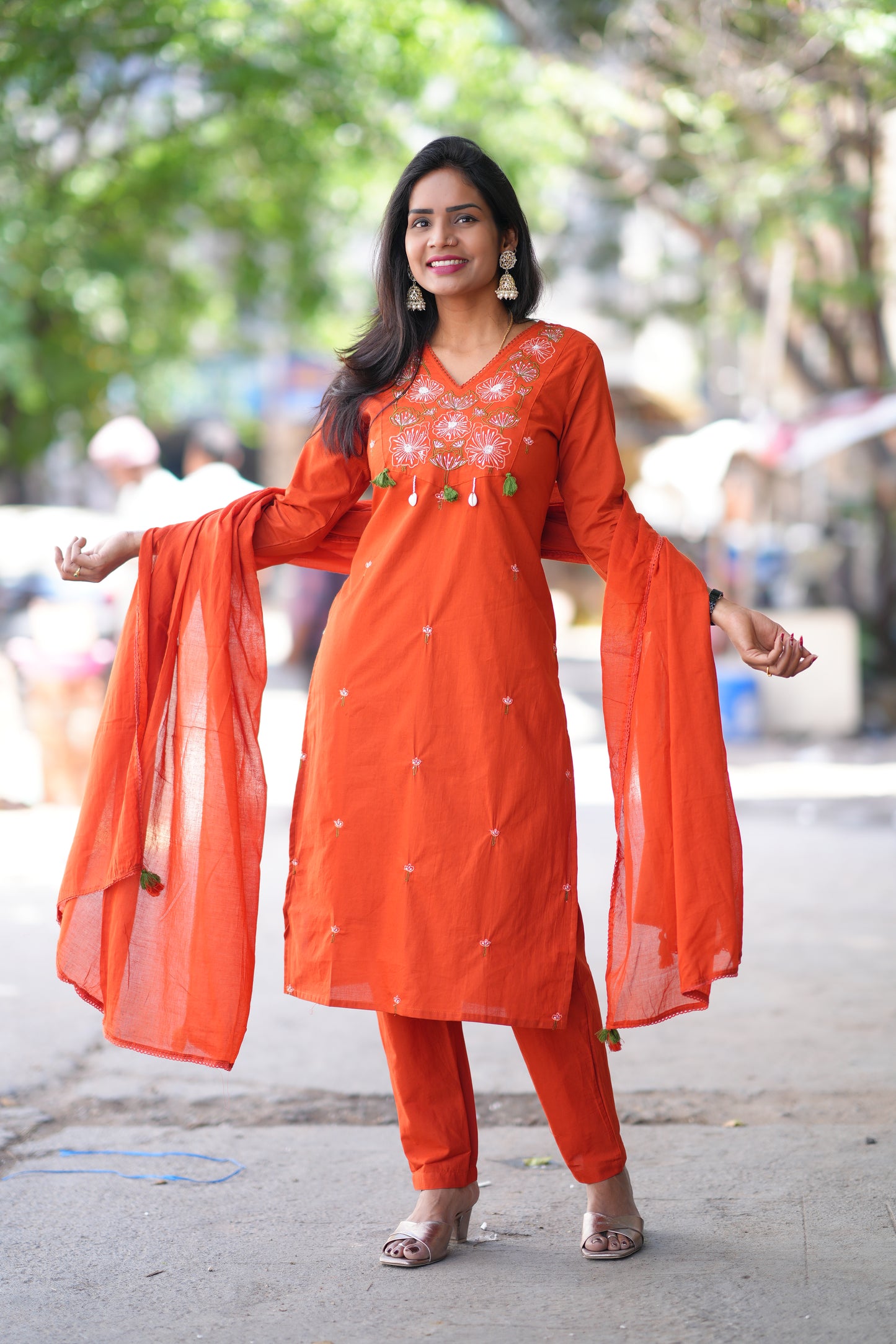 Orange Color Jaipur Cotton 3 piece Set With Embroidery Work and Complete Lining