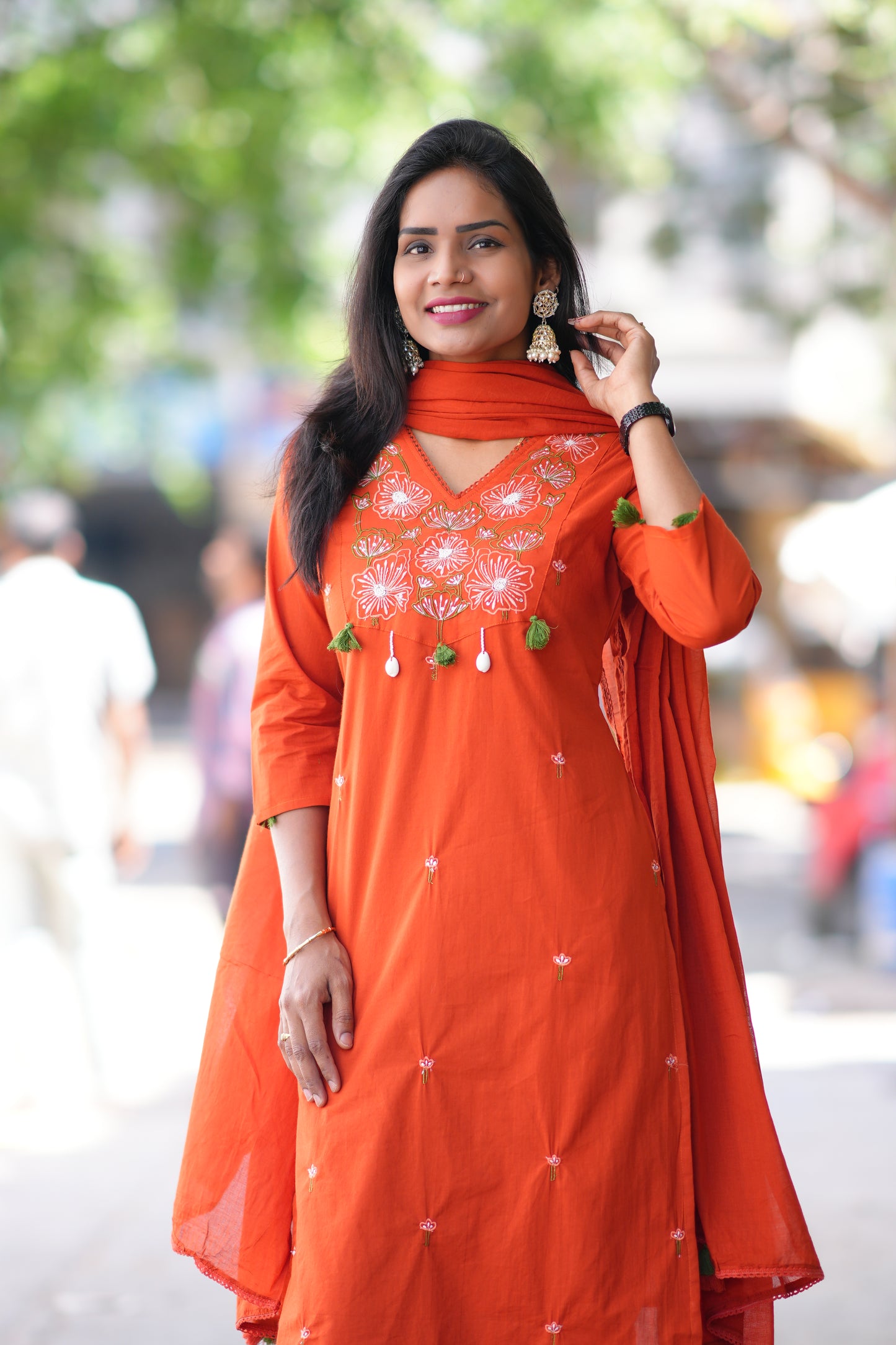 Orange Color Jaipur Cotton 3 piece Set With Embroidery Work and Complete Lining