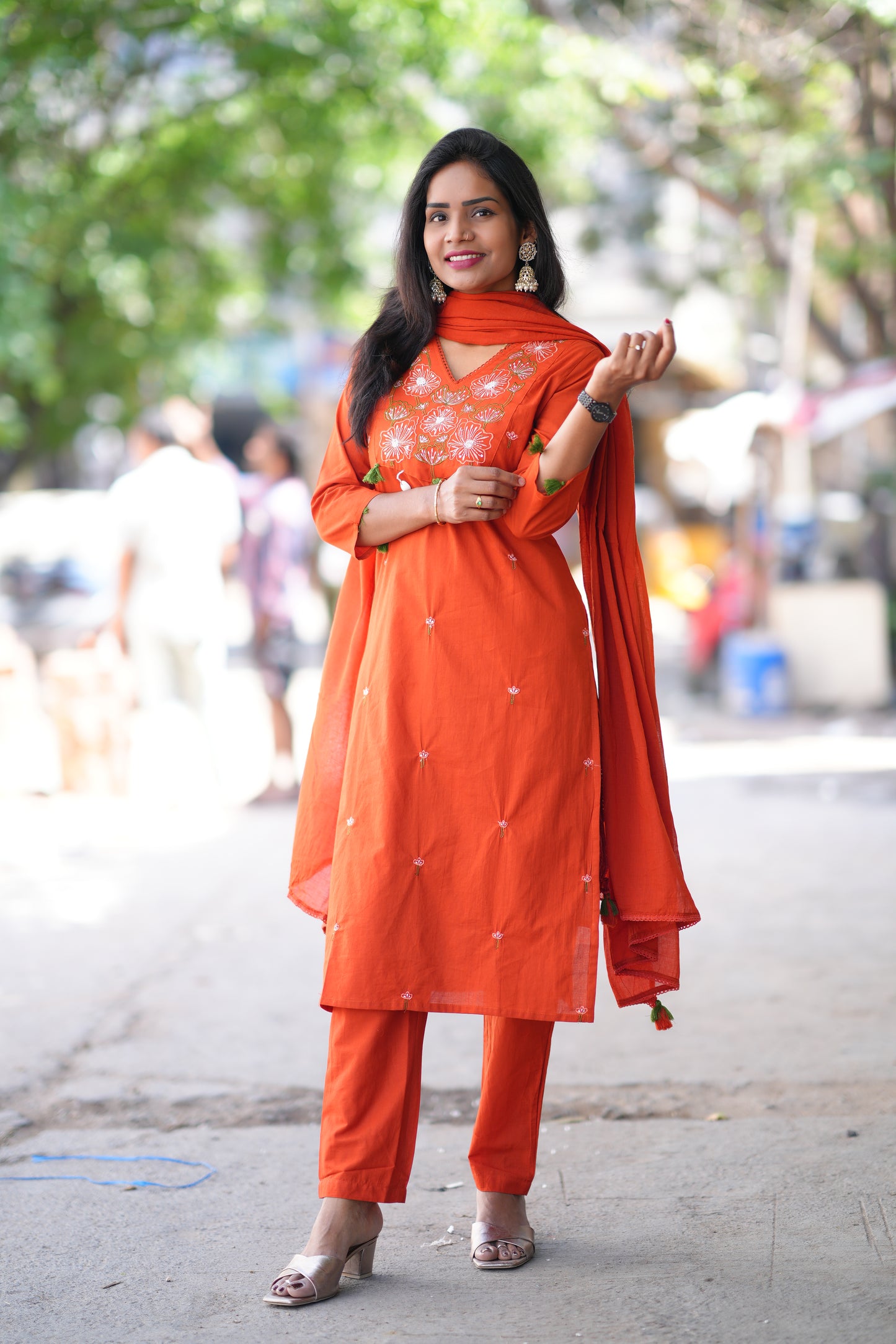 Orange Color Jaipur Cotton 3 piece Set With Embroidery Work and Complete Lining