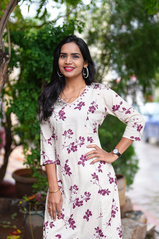 Cream Jaipur Cotton With Dark Purple Flower Print Cord Set