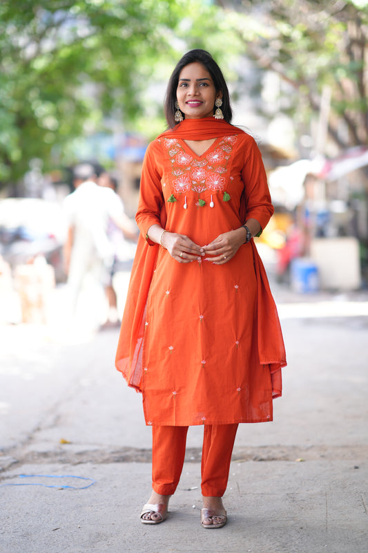 Orange Color Jaipur Cotton 3 piece Set With Embroidery Work and Complete Lining